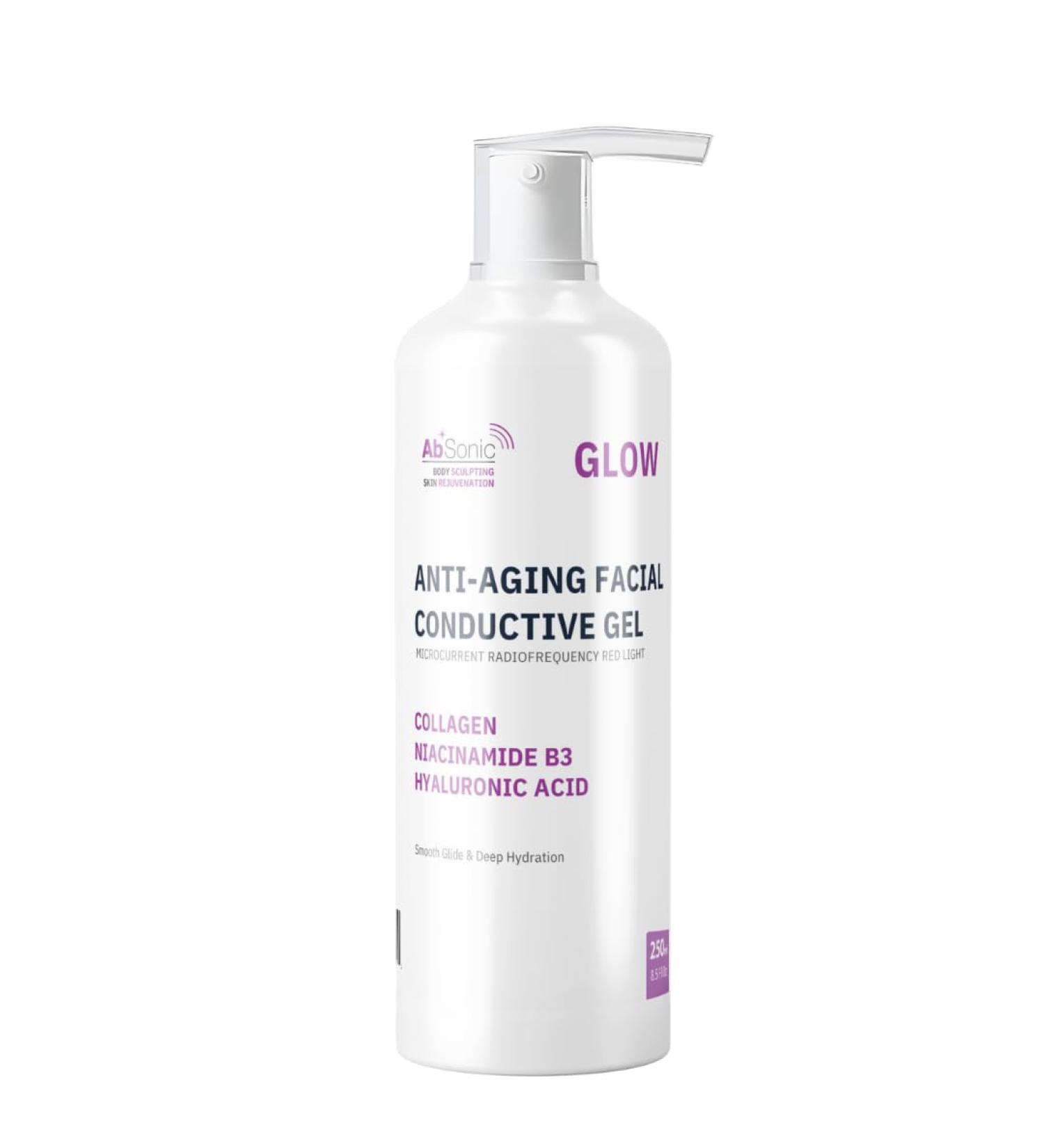 Absonic Glow Microcurrent Conductive Gel - Anti-Aging Serum Enriched with Hyaluronic Acid Collagen Niacinamide B3 for Facial LED RF & Nuface Devices - 8.5oz Bottle - Made in USA - Buy Online on GoSupps.com