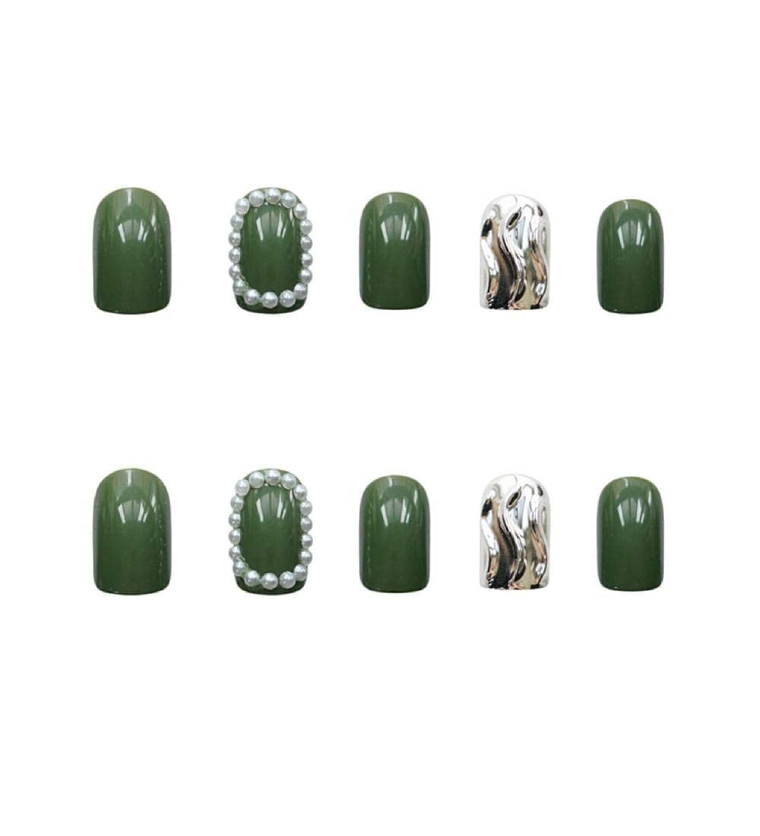 Press on Nails False Nails Fingernails Green Pearl Water Ripple Cute Acrylic Nails Press on Glossy Full Cover Acrylic Nail False Tips Artificial Finger Manicure for Women - Buy Online on GoSupps.com