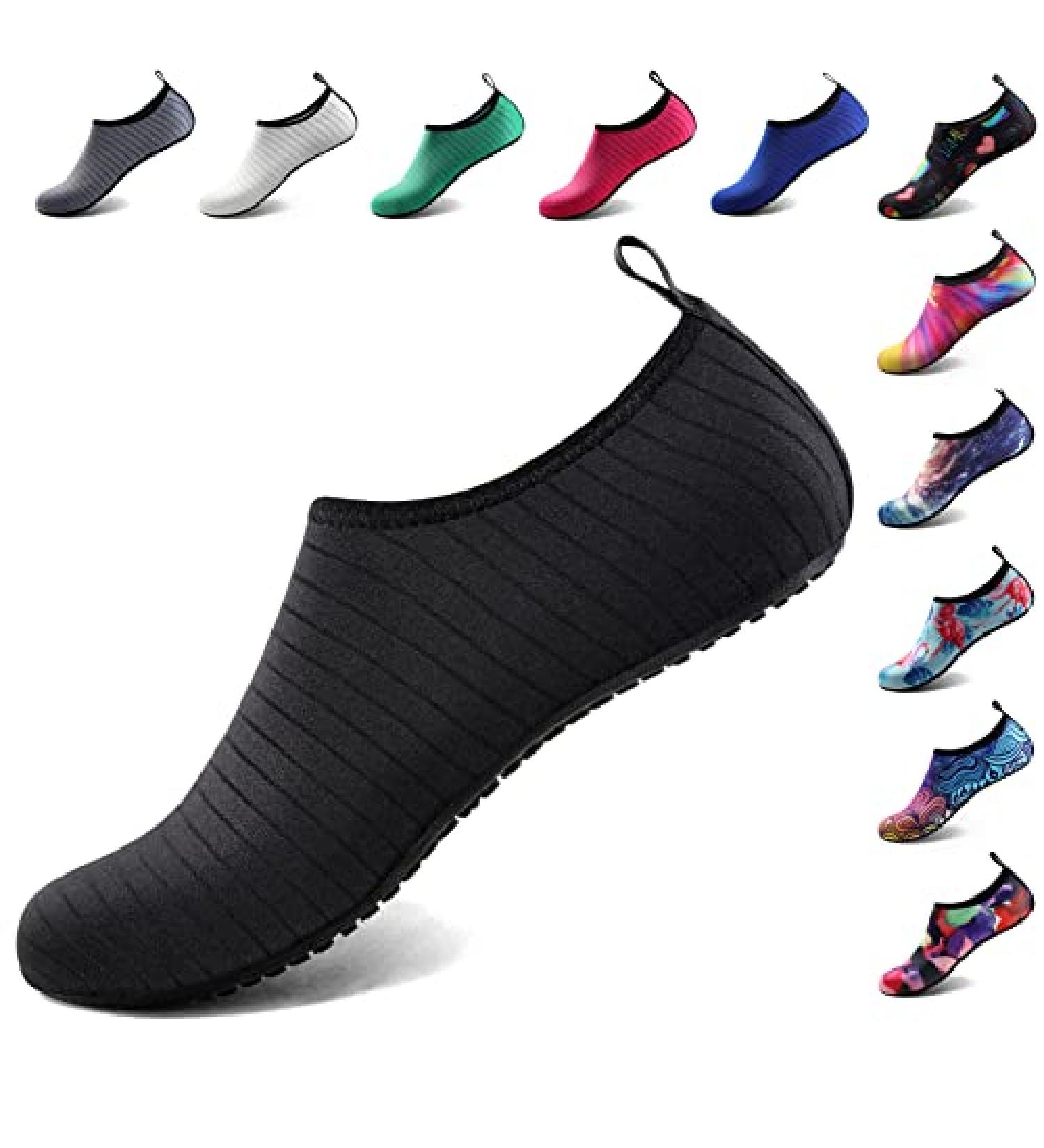 Quick-Dry Aqua Socks Water Shoes for Women Men | Beach Barefoot Yoga Exercise Wear | Black - Size 8.5-9.5 Women/7.5-8.5 Men - Buy Online on GoSupps.com