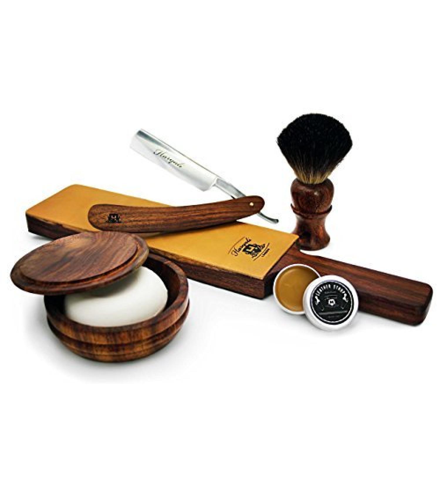 Premium Black Badger Hair Brush Set with Leather Strap Wooden Bowl Soap & Leather Paste - International Shipping Available - Buy Online on GoSupps.com