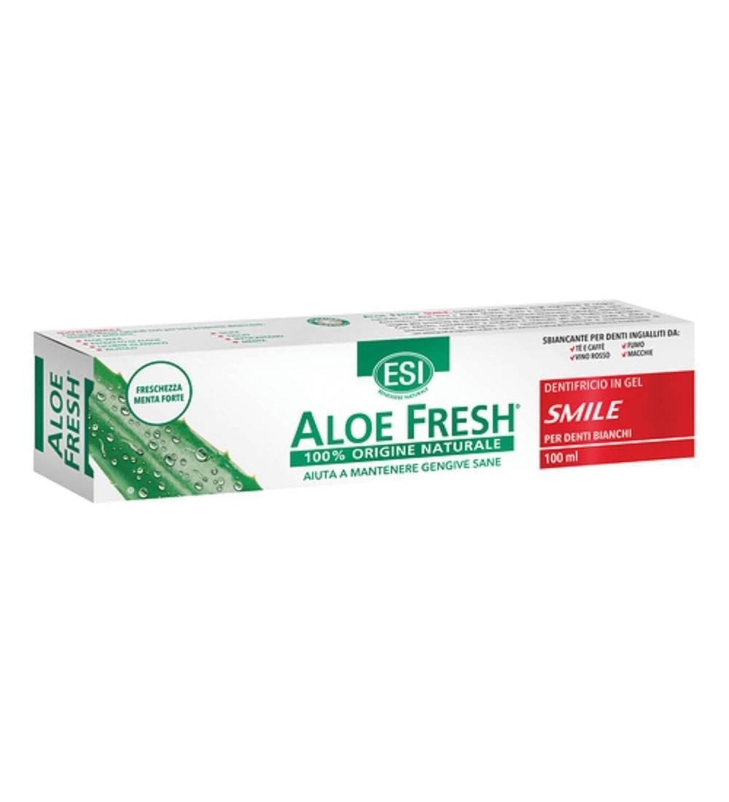 ESI Aloe Fresh Smile Toothpaste with aloe vera seaweed and Icelandic lichen helps keep teeth white and shiny without damaging enamel fluoride and saccharin free 100 ml