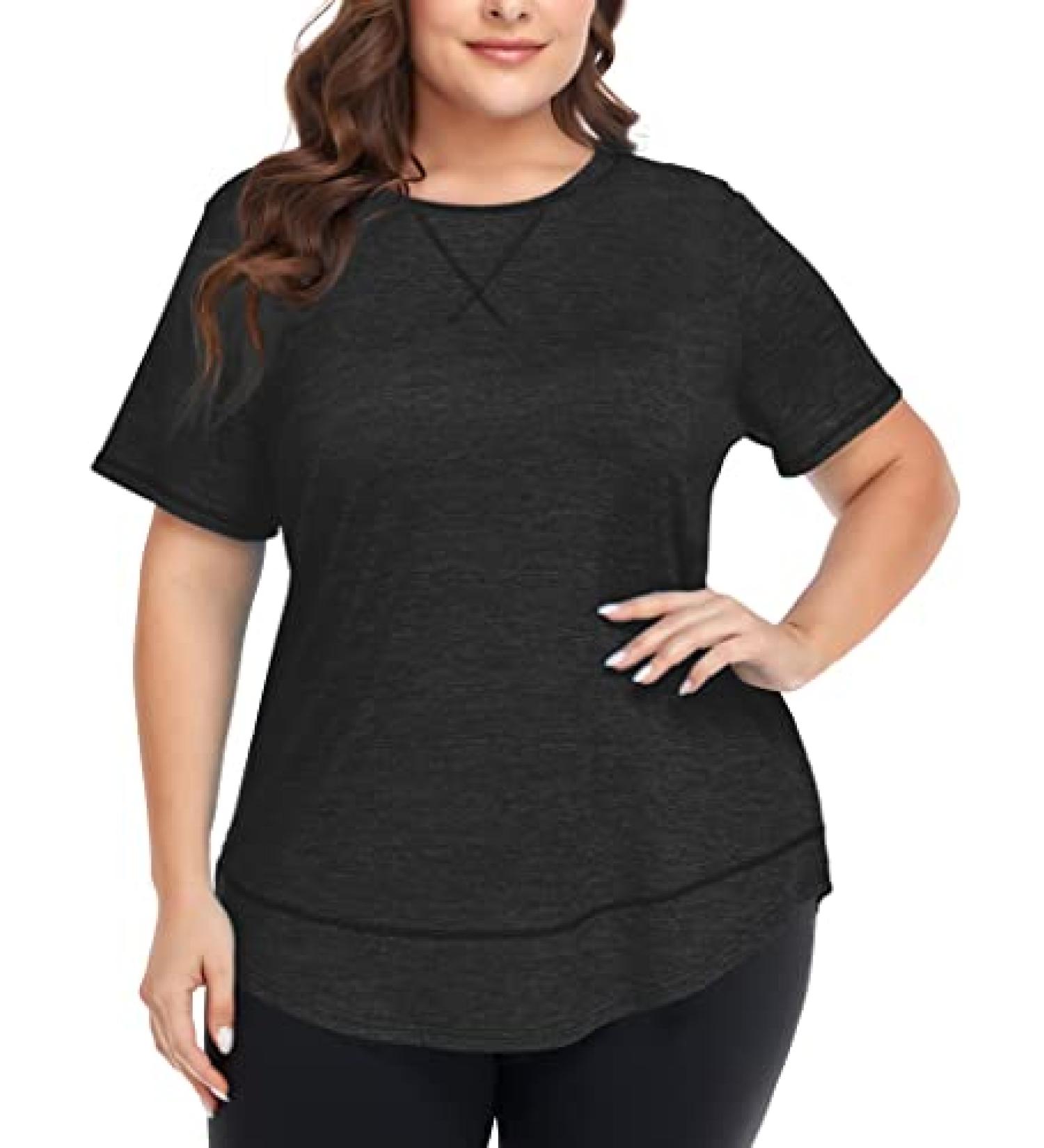Cootry Plus Size Short Sleeve Workout Top for Women - Loose Fit Athletic Gym Shirt - Yoga Clothing - 2X Black - Buy Online on GoSupps.com