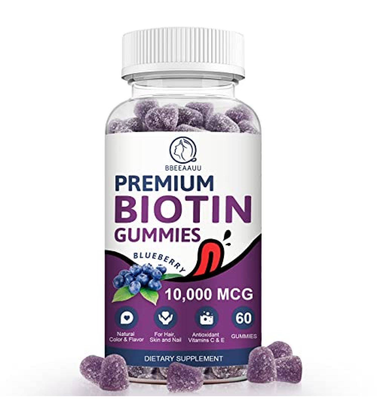 Biotin Gummies for Hair, Skin & Nails Growth - 10000mg Vitamins - Blueberry Flavor - 60 Count Vegan Pectin - Men, Women, Kids - Buy Online on GoSupps.com