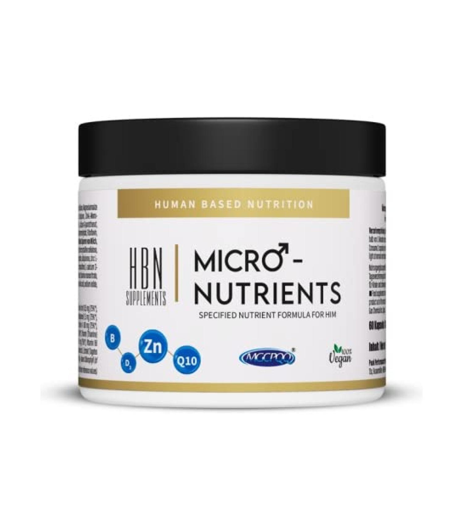 HBN Micronutrients for Men - 60 Vegan Capsules | Vitamins Minerals Coenzyme Q10 Lutein & Spirulina - Buy Online on GoSupps.com