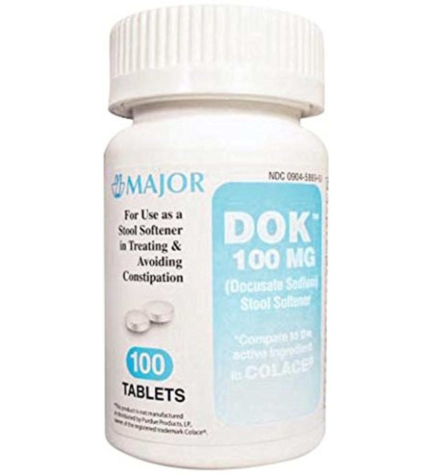 Major Pharmaceuticals 700401 Docusate Sodium Stool Softener Tablet Compare to Colace 100 mg White (Pack of 100)