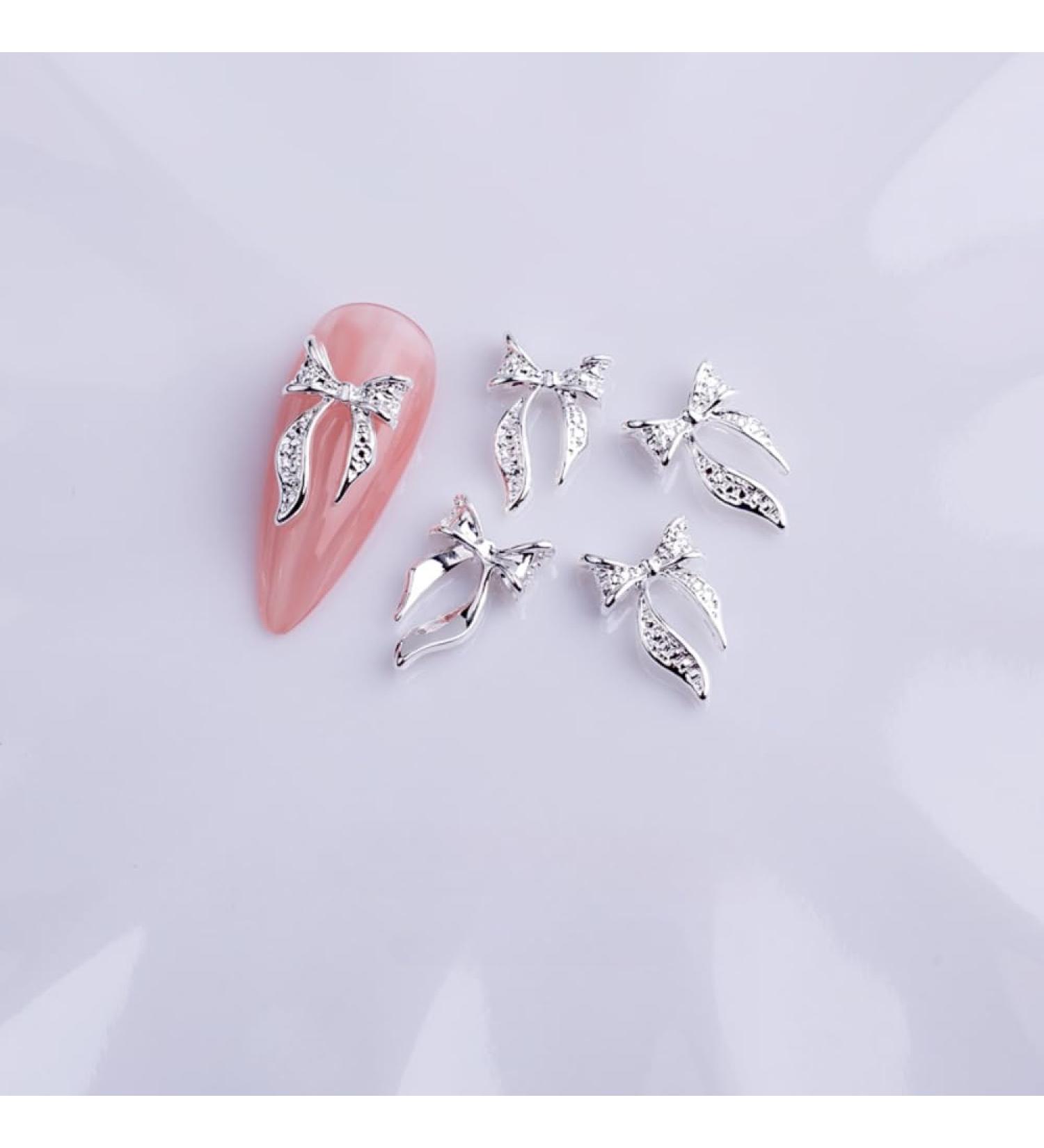 10pcs Nail Art Ribbon Bow Studs Silver Golden Metal 3D Butterfly Charms Nail Decoration Manicure DIY Design Accessories (8028)