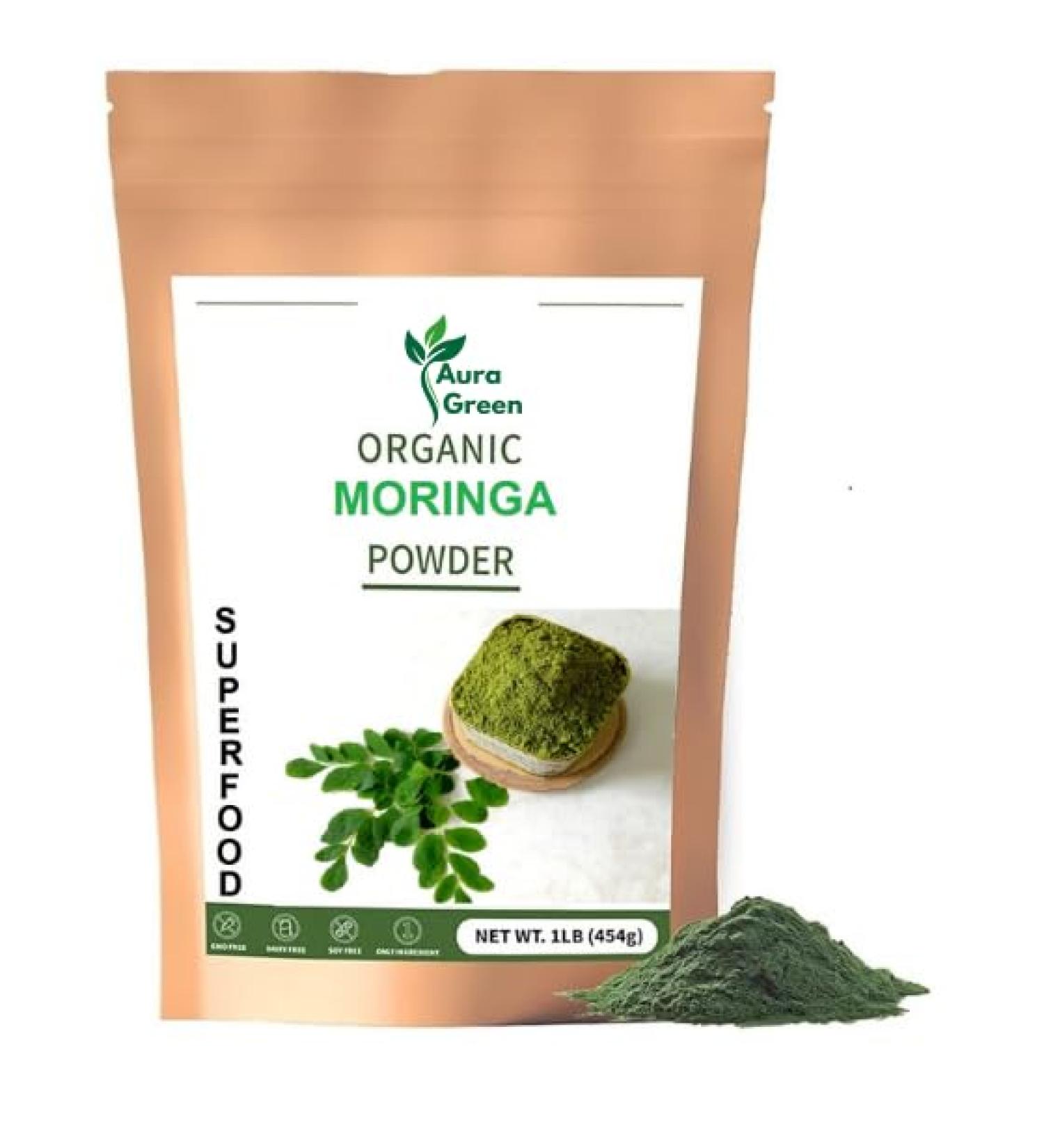 Aura Green Moringa Powder Organic 3.5oz Non-GMO Organic Superfood High Protein Boost Energy Pure Moringa Powder Enhance Immunity Moringa oleifera Powder USDA Certified