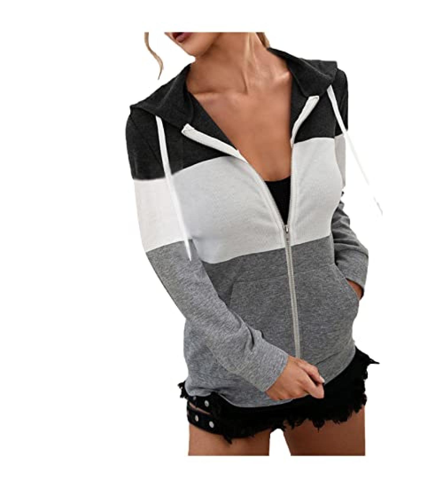 Women's Fall Color Block Zip-Up Hoodie with Pockets - Large Gray - Buy Online on GoSupps.com