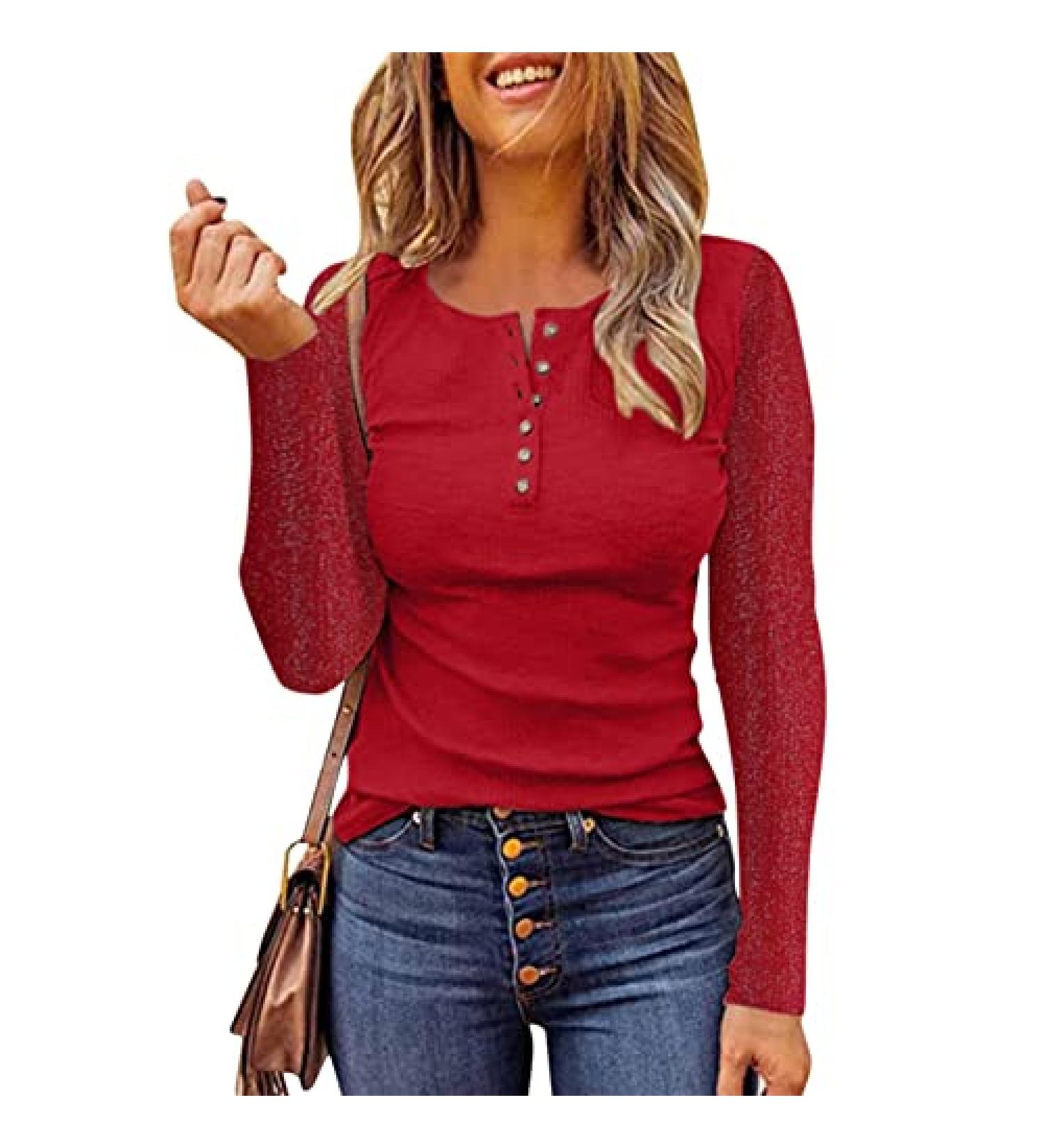 Women's Dressy V-Neck Henley Shirt | Long Sleeve Red Blouse for Fall | Casual Button Down Top - Buy Online on GoSupps.com