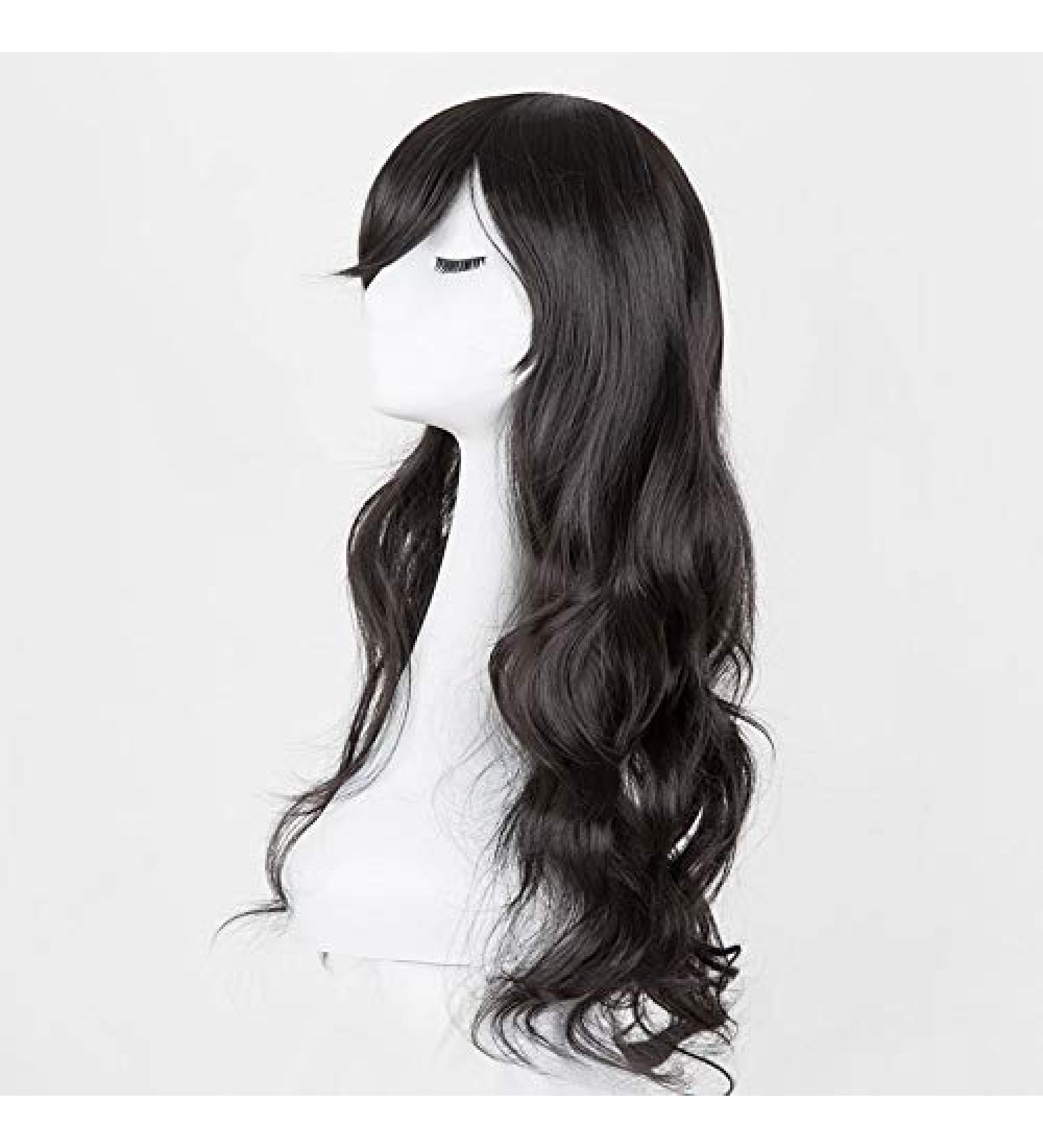 LFMDJF Yellow Blonde Wigs Synthetic Heat Resistant Long Curly Halloween Hair Inclined Women Hairpiece 24inches Brown Natural Black