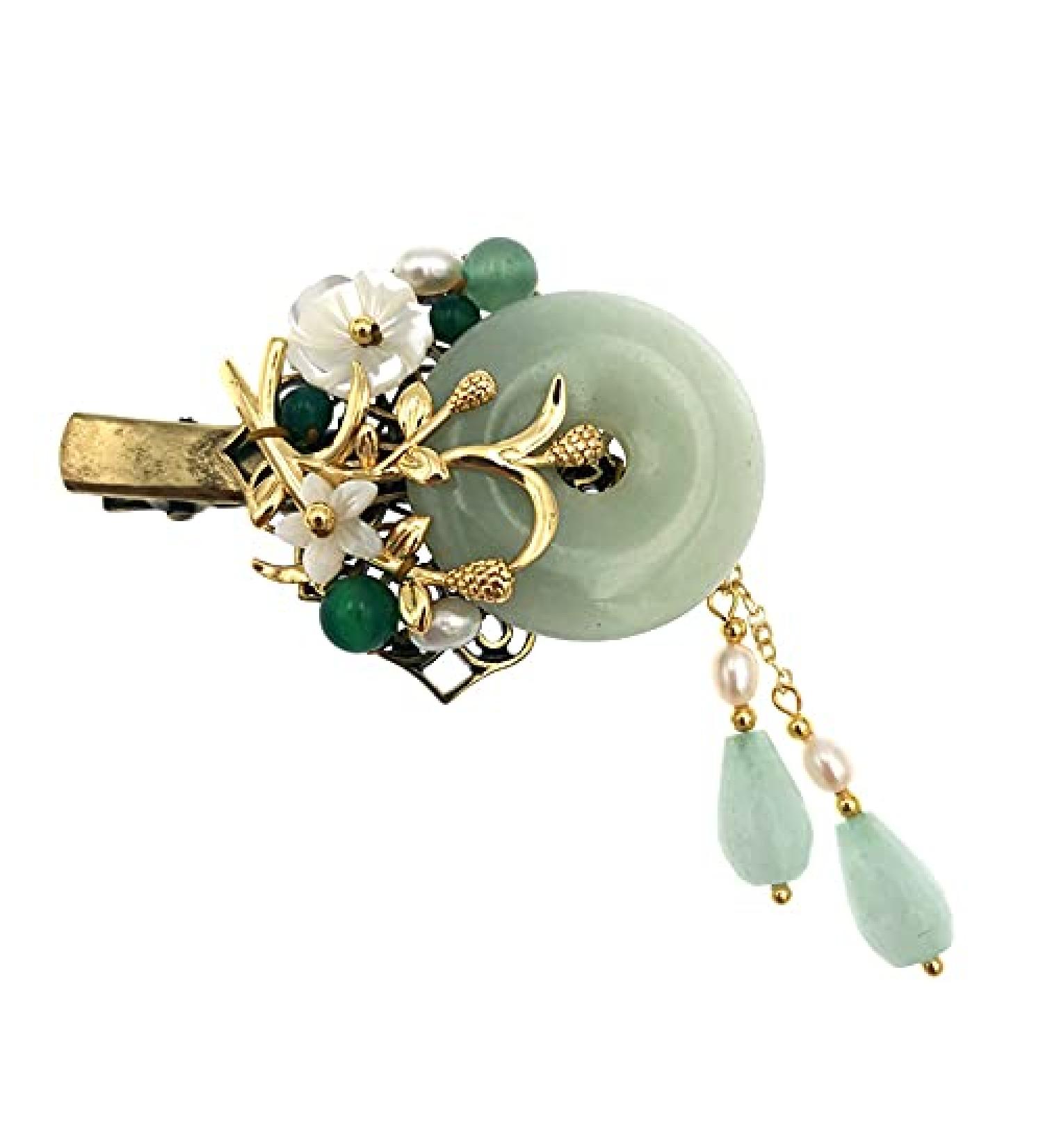 Chinese Lucky Jade Hairpin Vintage Tassel Hair Clip Hanfu Accessory - Women's Antique Cosplay Gift - Buy Online on GoSupps.com