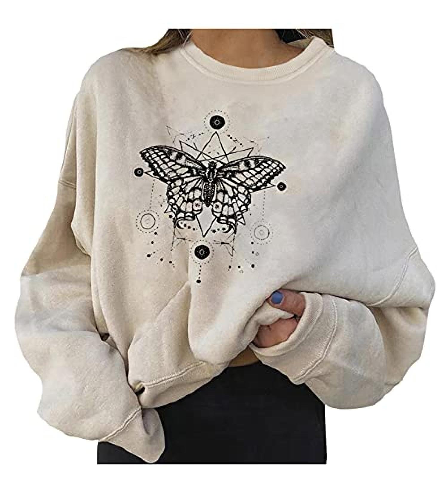 Trendy Pullover Hoodie for Teen Girls & Women - Beige, Medium - Casual Short Crewneck Sweatshirt with Long Sleeve Print - Buy Online on GoSupps.com