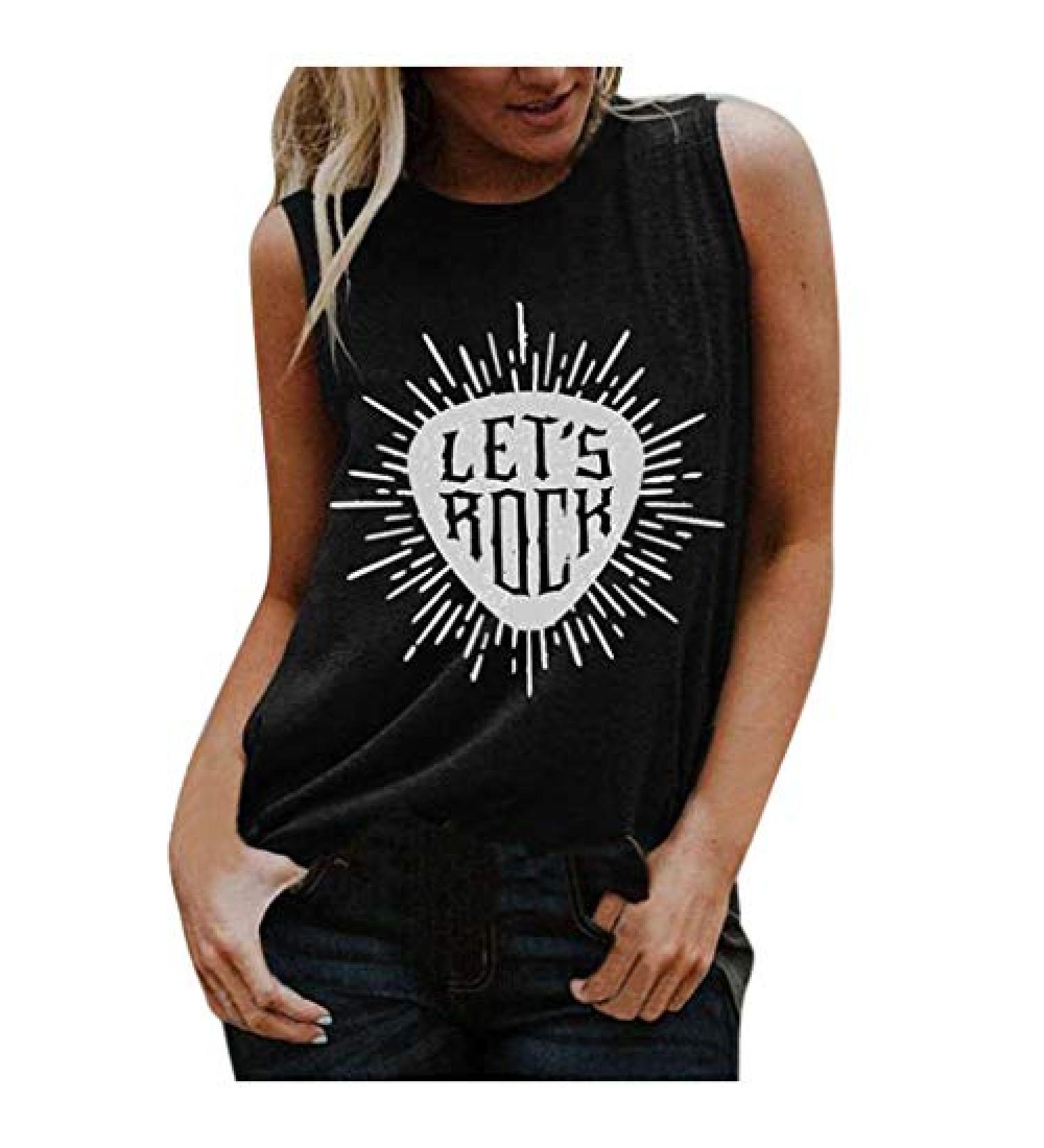 Vintage Women's Funny Graphic Tank Tops | Let's Rock Summer Sleeveless Tee | Black XX-Large - Buy Online on GoSupps.com