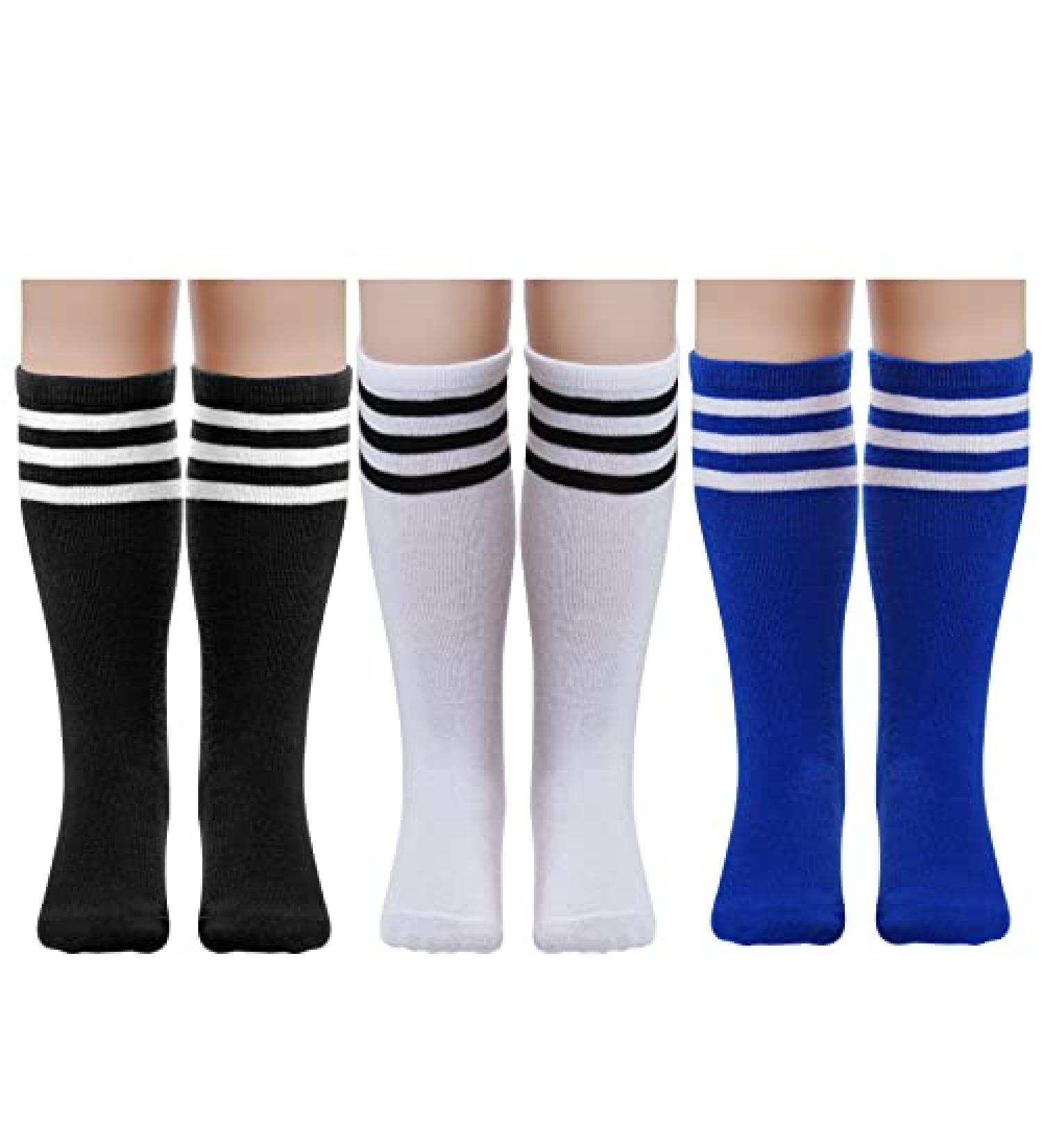 Dxhycc Kids Stripes Knee High Tube Soccer Socks - 3 Pairs (Black/White/Blue) - Buy Online on GoSupps.com