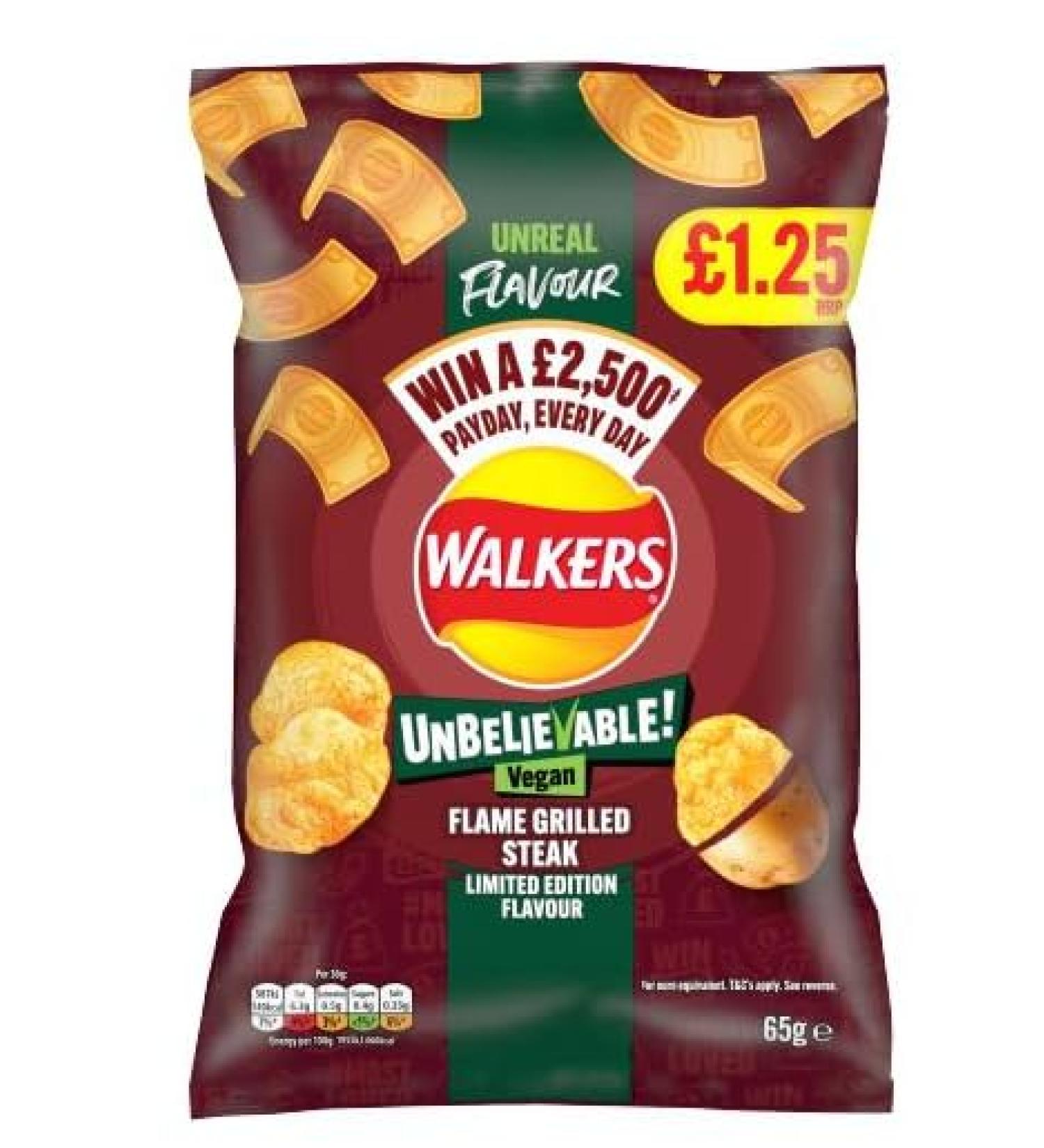Walkers Vegan Flame Grilled Steak 65g Bags (30 Bags)