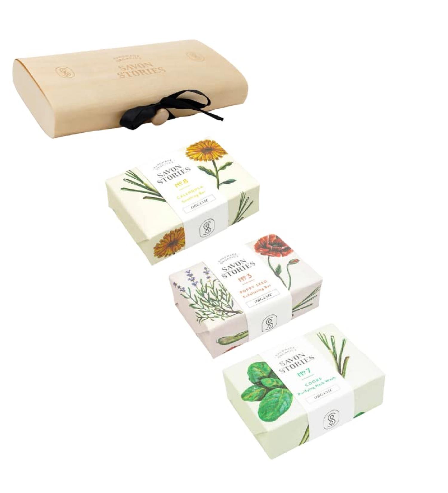 SAVON STORIES - Box of 3 cold soaps for Body and Face - A Soap with Rose, Geranium & Lavender - Vegan & Palm Oil Free - Handmade in France - 3 x 100 g + Wooden box.