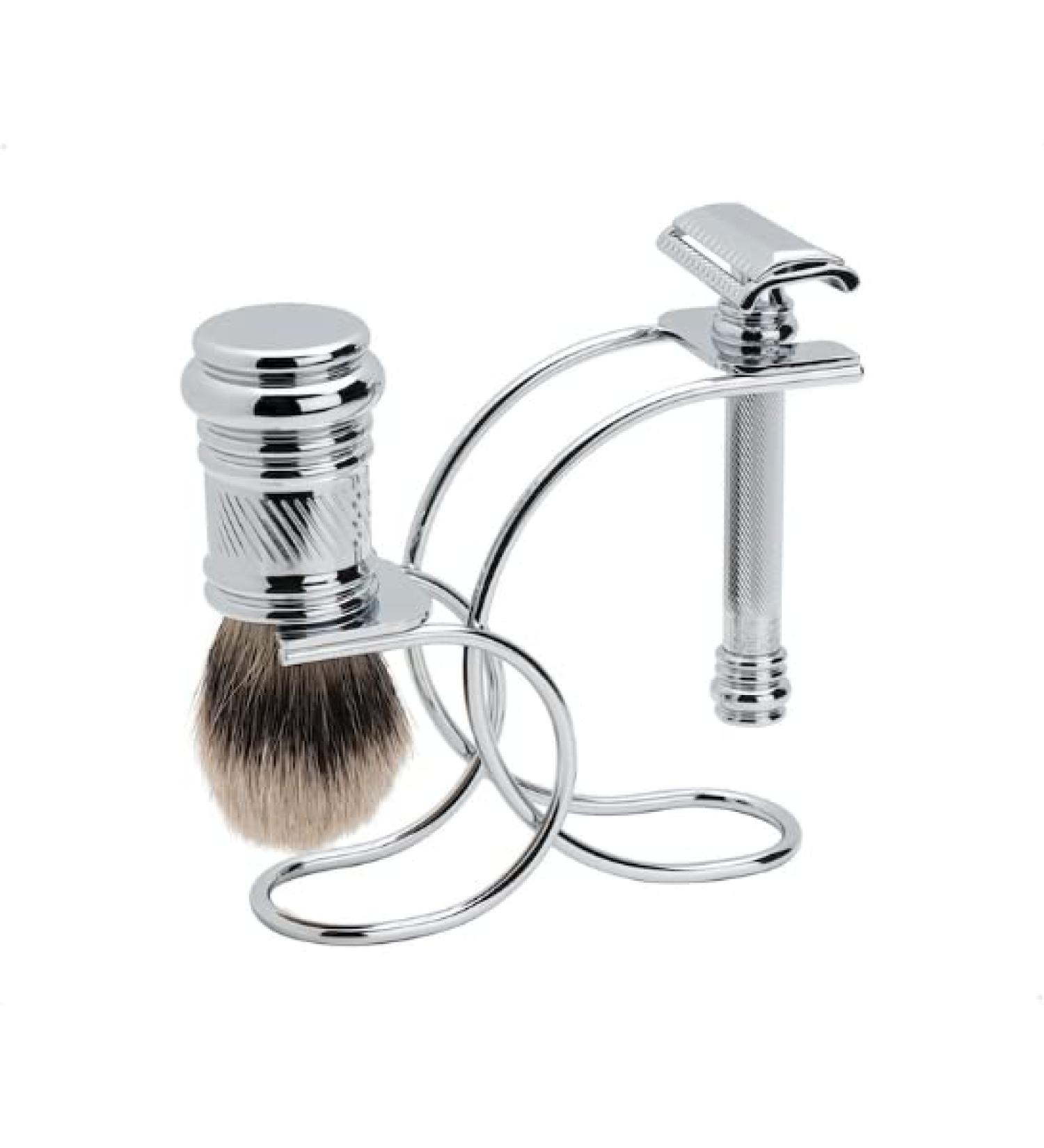 Premium Mercury Razor Set with Brush & Stand - Gloss Chrome | Wet Shaving | Made in Germany - Buy Online on GoSupps.com