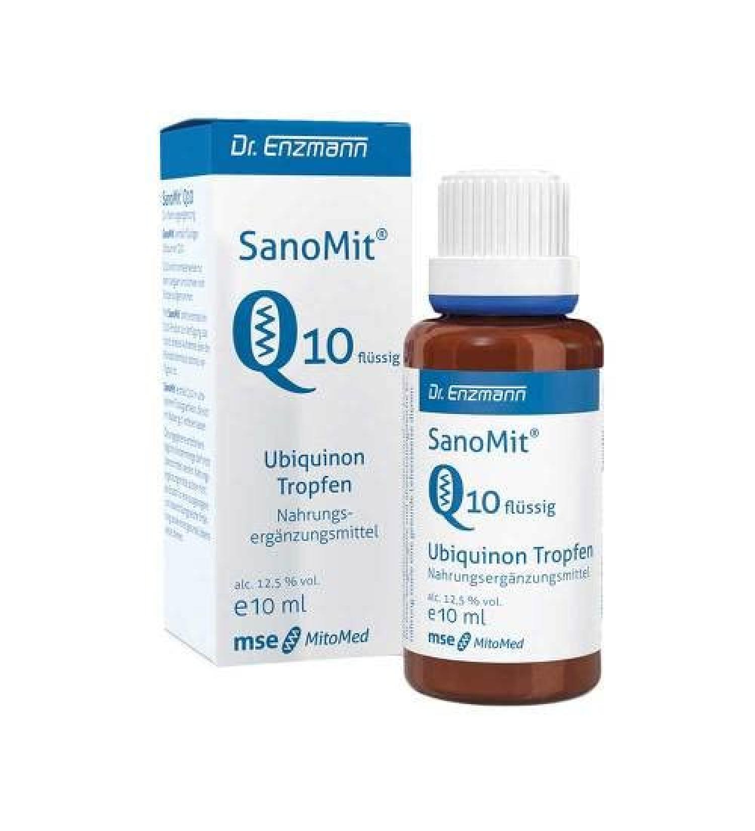 MSE Pharmaceuticals Sanomit Q10 Liquid - Vegan Ubiquinone Drops | Liposomal Kaneka Coenzyme Q10 - High Bioavailability (10ml) | Dr. Enzmann - International Shipping - Buy Online on GoSupps.com