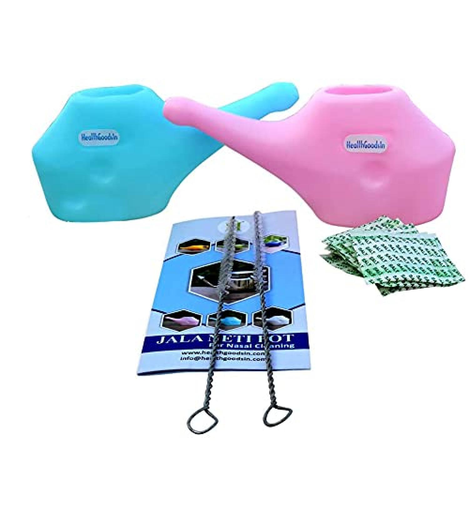 Set of 2 Unbreakable Plastic Neti Pot with Salt Sachets and Cleaning Brushes - Pink and Blue - Buy Online on GoSupps.com