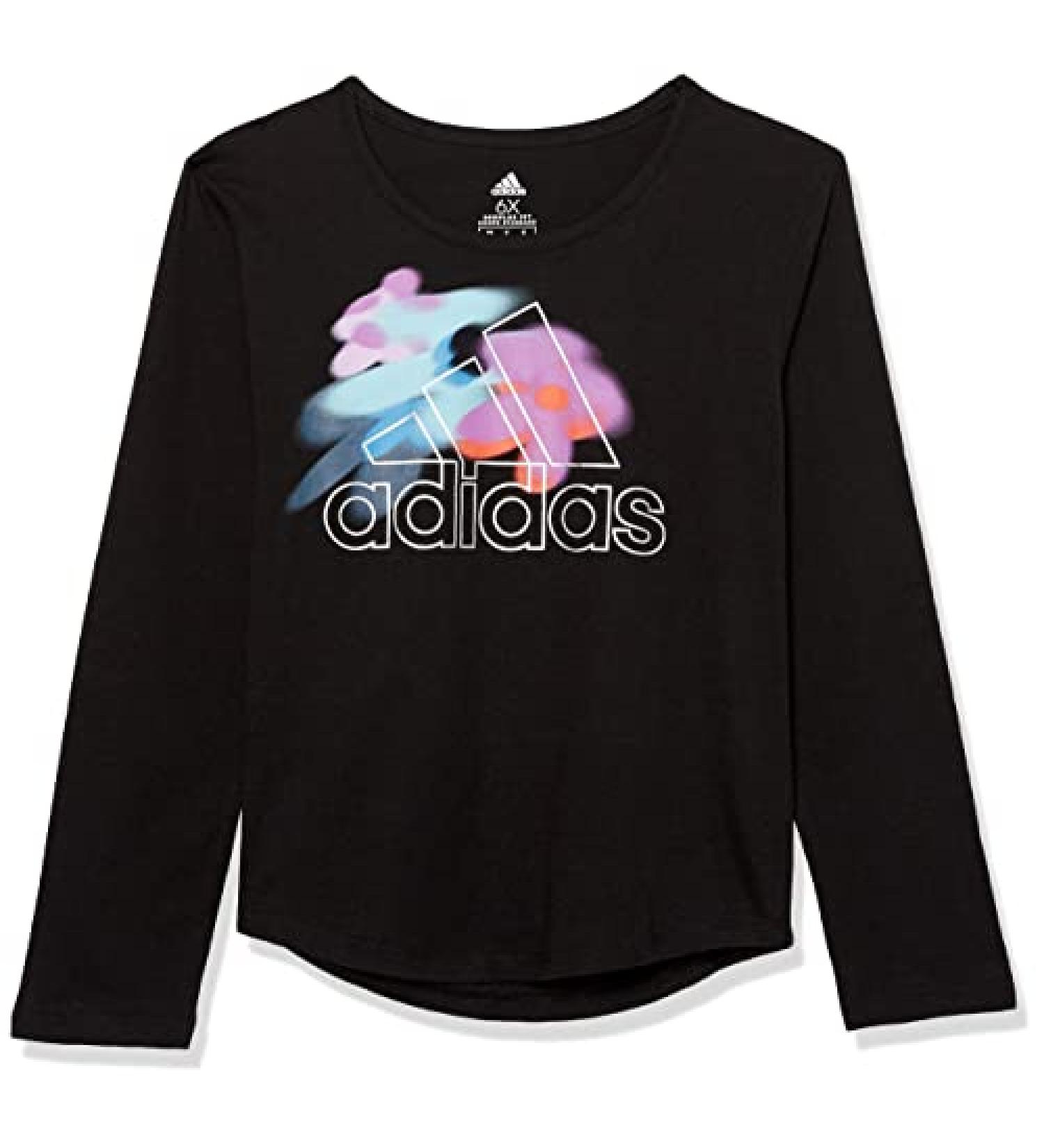 adidas Girls' Long Sleeve Cotton Scoop Neck Graphic T-Shirt 4T Black/Multicolor
