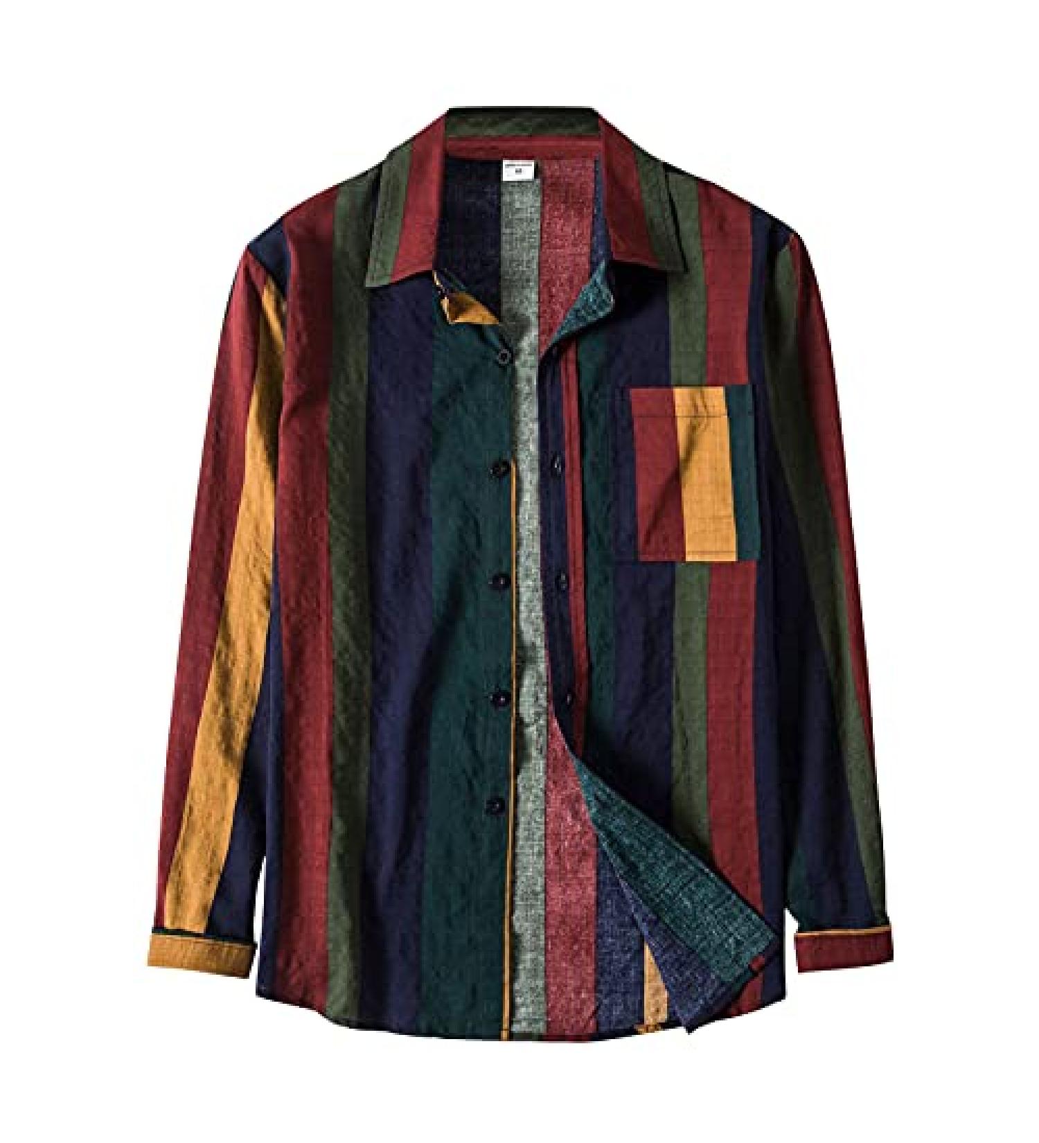 Men's Striped Vintage Button Up Shirt - Long Sleeve Casual Dress Shirt - Regular Fit Big and Tall Retro Cotton Tee - Buy Online on GoSupps.com