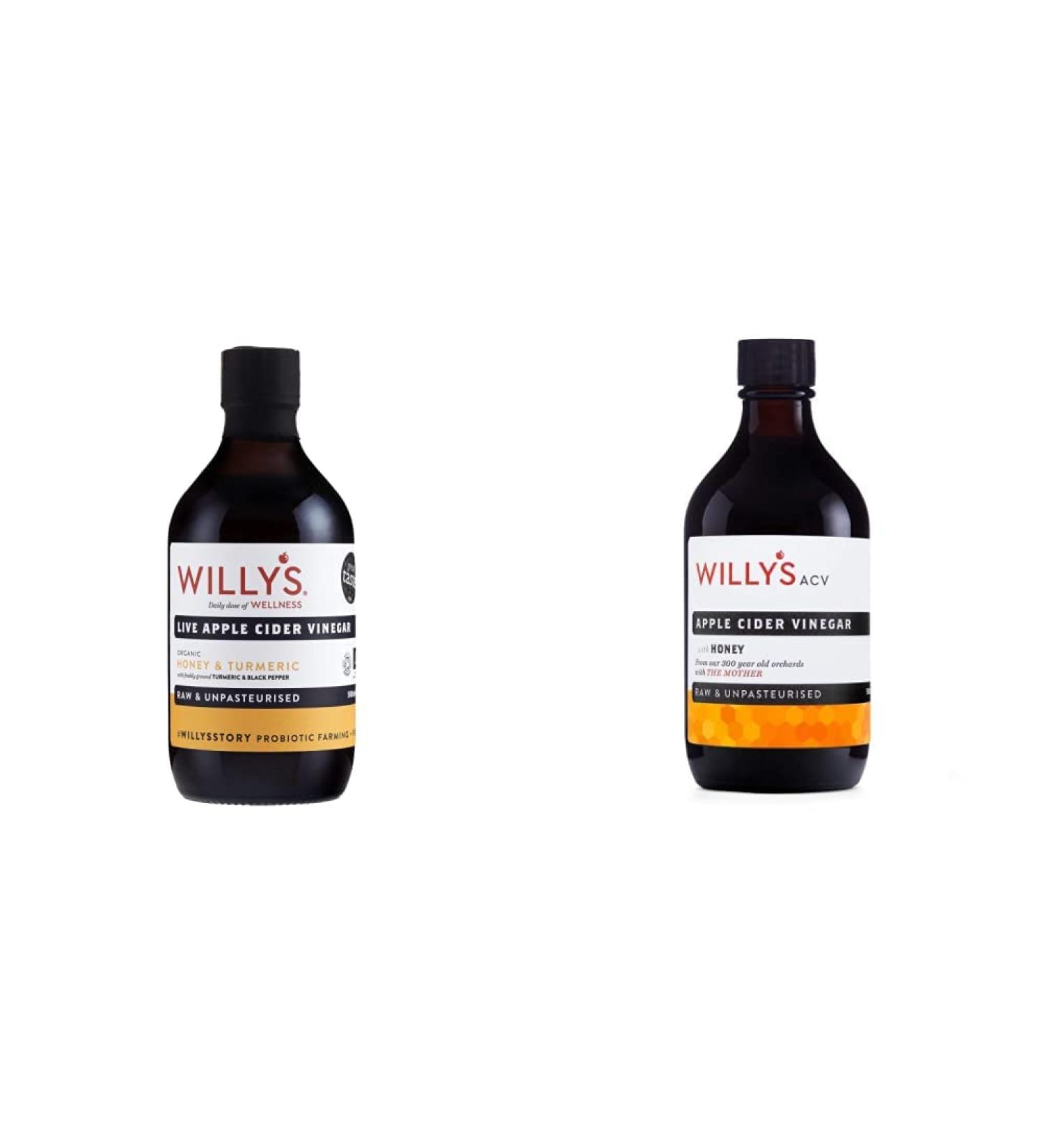 Willy's ACV Organic Live Probiotic Apple Cider Vinegar Honey & Black Pepper (1 x 500ml) white & WILLY'S Raw Apple Cider Vinegar with Real Live Mother & Honey Glass Bottle 500 ml - Buy Online on GoSupps.com