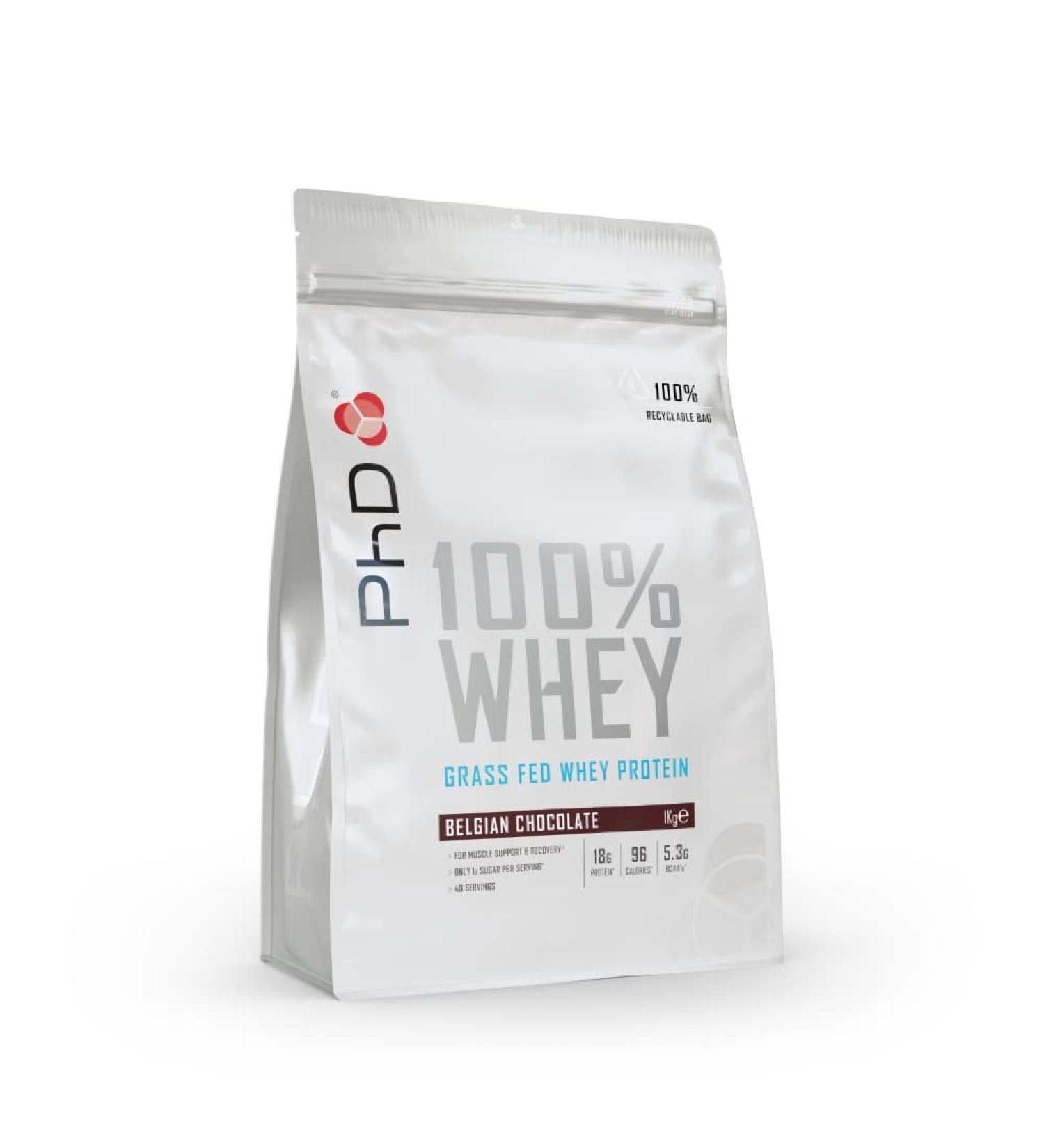 PhD Nutrition Grass-Fed Whey Protein Powder - Belgian Chocolate, 40 Servings, High Protein & BCAA, Low Calorie Formula - Buy Online on GoSupps.com