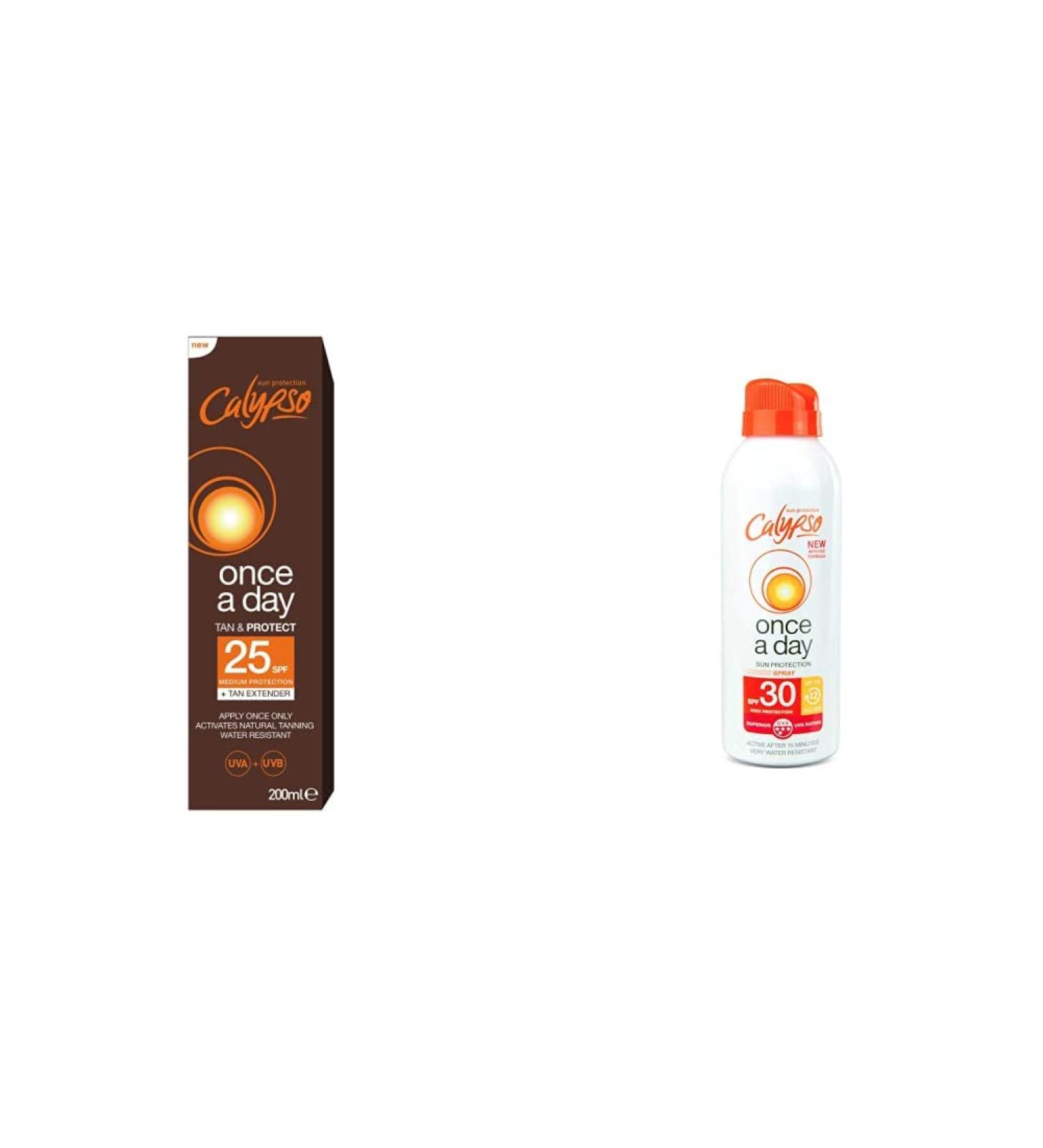 Calypso Once A Day Tan & Protect SPF25-200 ml CALC25TAN and Once A Day Sun Protection Spray. Water Resistant. SPF30 SPF 25 + Sun Protection Spray - Buy Online on GoSupps.com