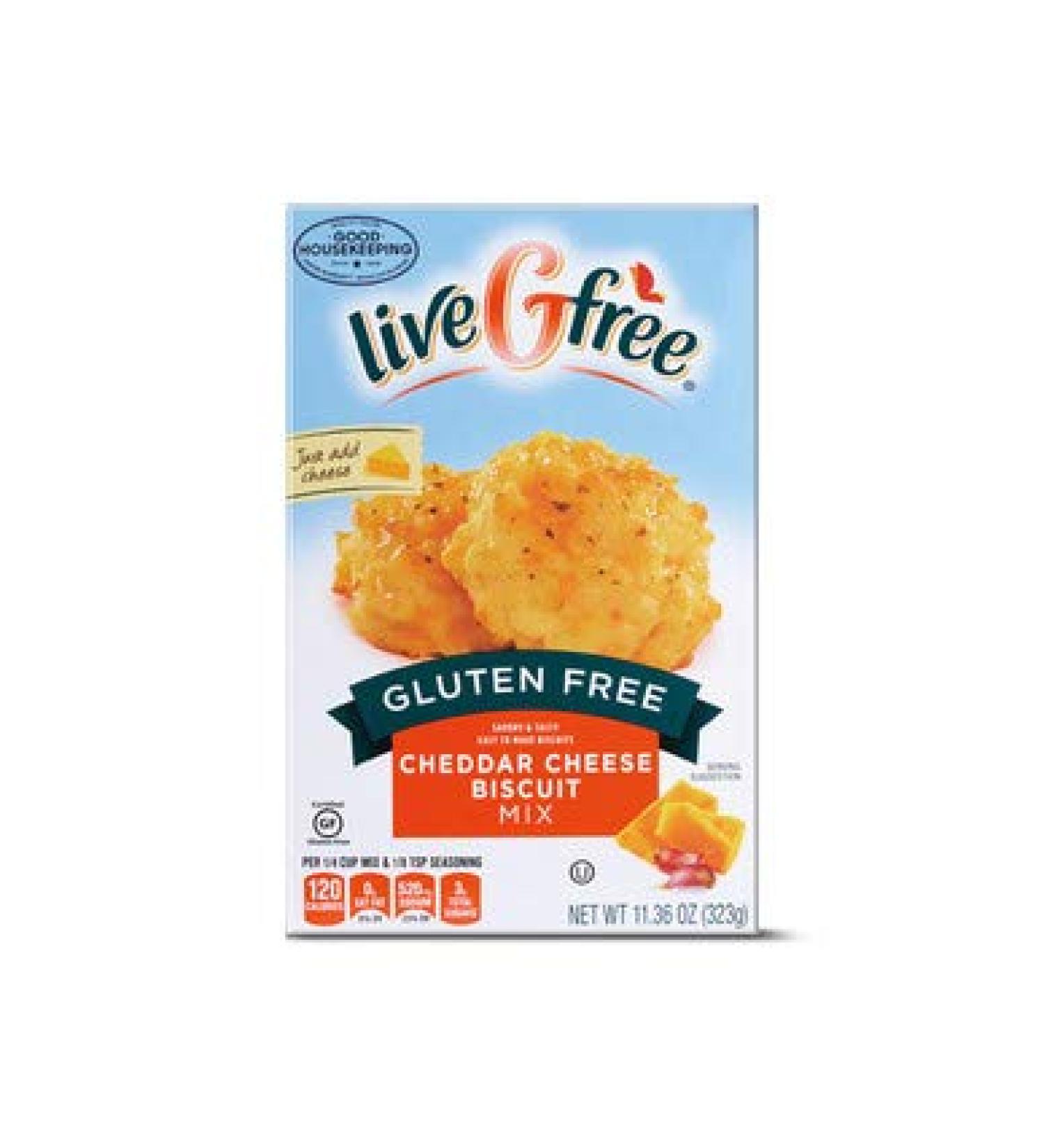 Live G Free cheddar cheese biscuit baking mix. Gluten Free. Wheat free. Egg free. Soy free.