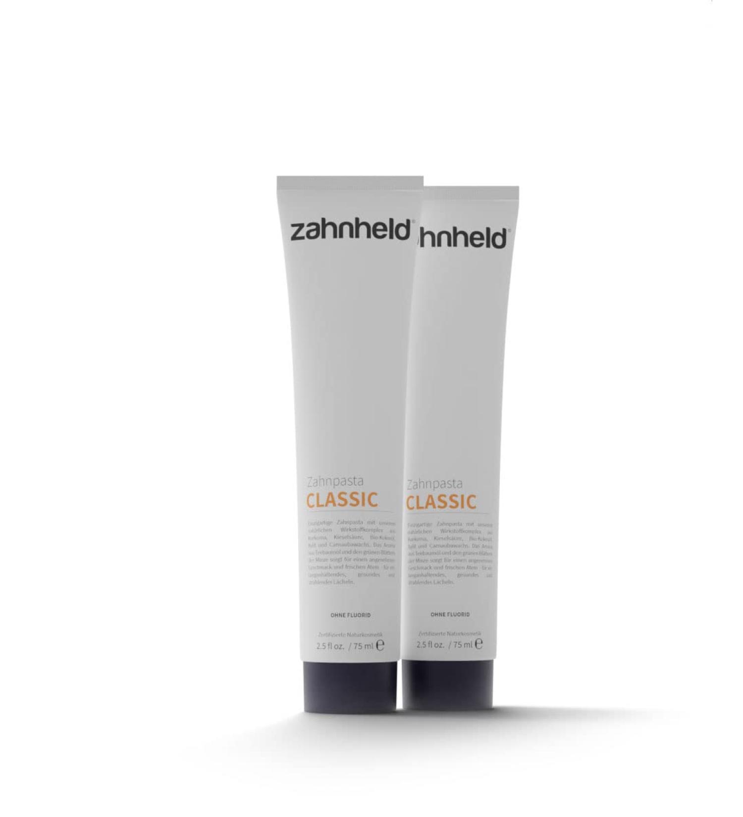 Zahnheld Toothpaste CLASSIC (2x 75ml) - Vegan Fluoride-Free with Turmeric & Coconut Oil - Natural Cosmetics for Healthy Teeth - Buy Online on GoSupps.com