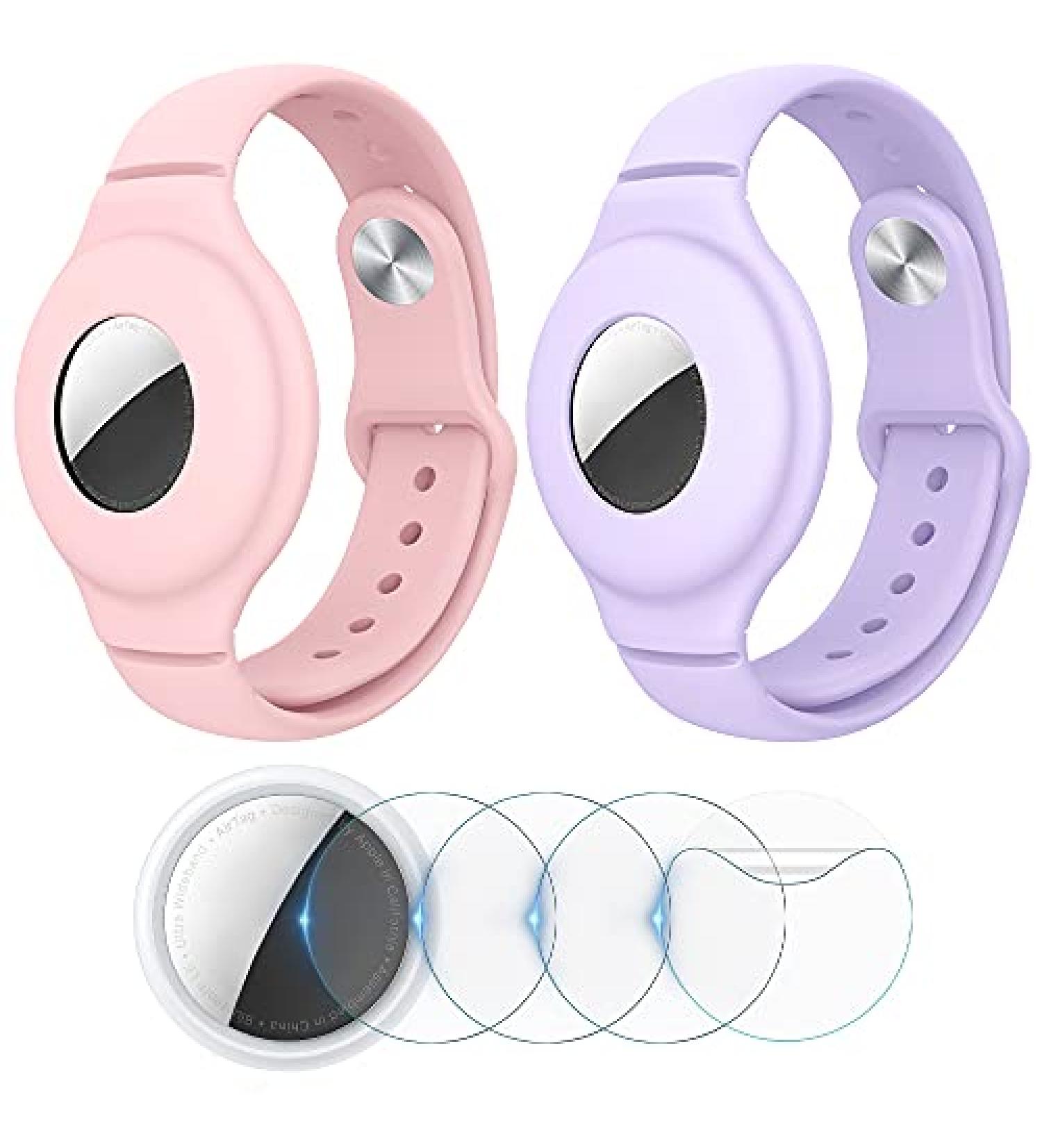 VEGO Kids AirTag Bracelet Set - 2 Silicone Watch Bands + 4 Anti-Scratch Films | Upgraded Metal Studs, Anti-Dropping Wristband | Pink & Purple - Buy Online on GoSupps.com