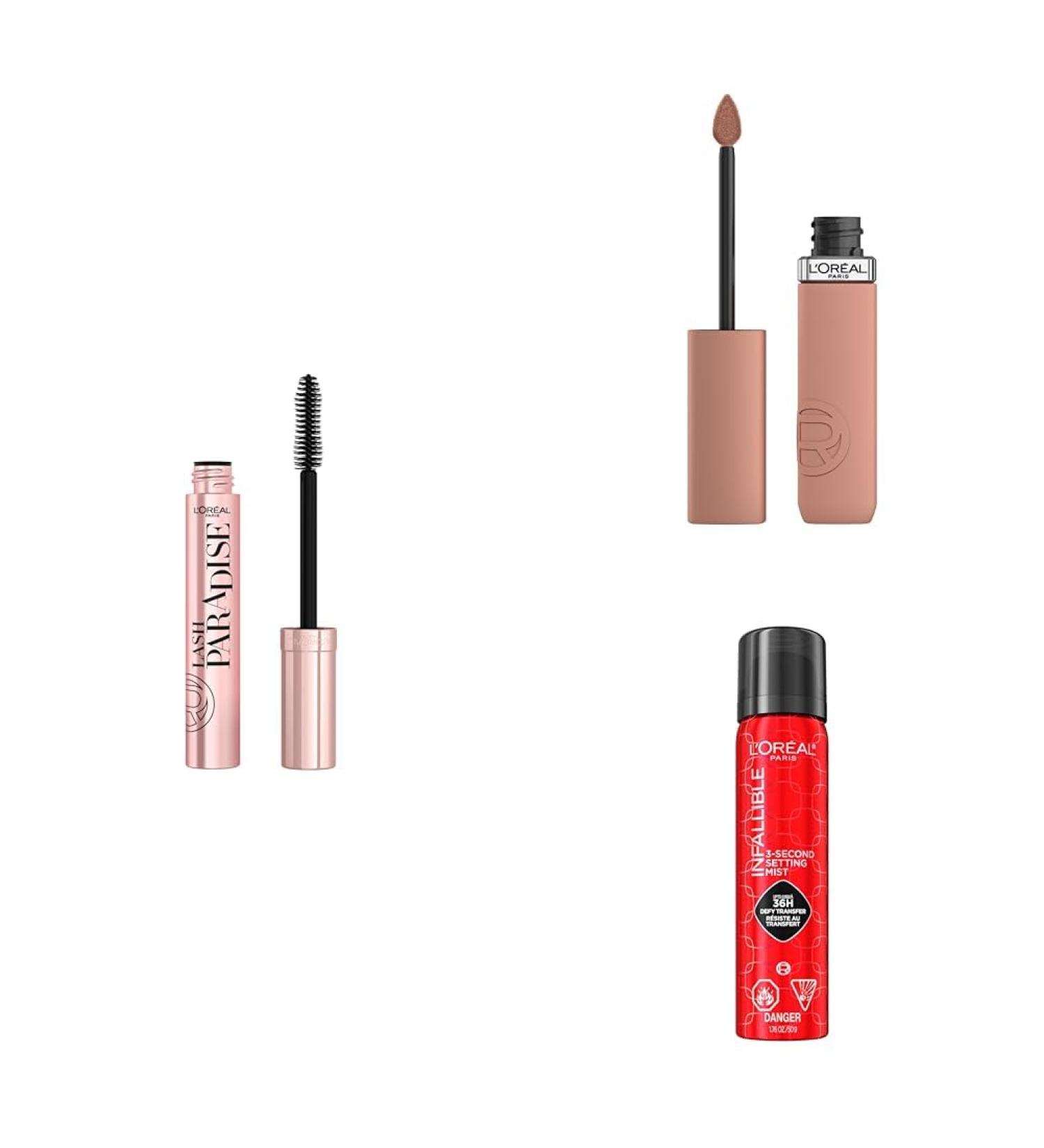 L'Oreal Paris Makeup Kit FASHION WEEK TOP PICKS Matte Resistance Breakfast in Bed Liquid Lipstick Lash Paradise Mascara Infallible Setting Spray