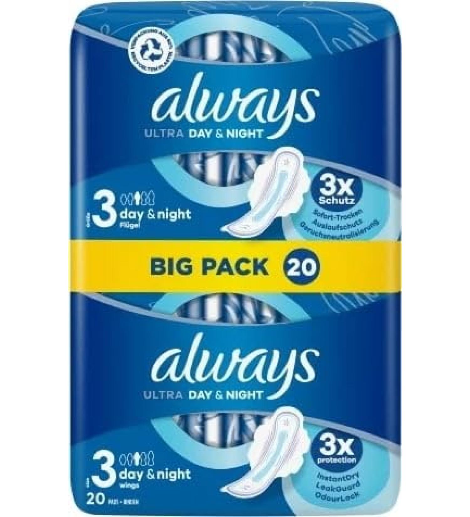 Always Ultra Day & Night Sanitary Pads (Size 3) with Wings 20 Pads Super Absorbent and Ultra Thin for The Period