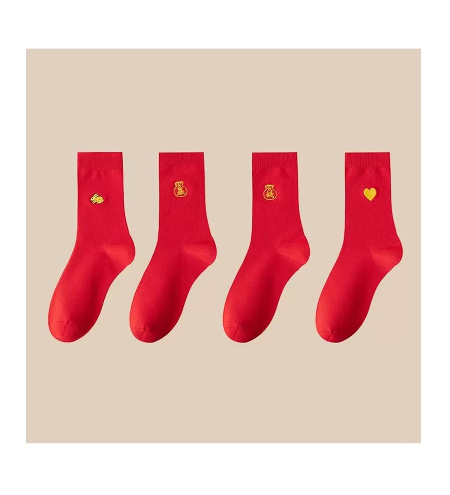 Chinese New Year Red Lucky Socks - 4 Pairs | Embroidered Spring Festival Gift | Size 39-44 - Buy Online on GoSupps.com