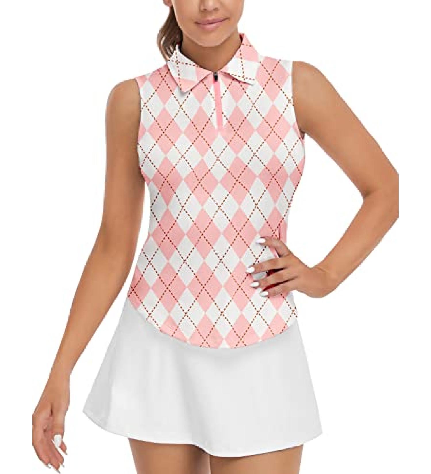 Soneven Women's Golf Shirts Sleeveless Floral Athletic Polo Shirts Moisture Wicking Tennis Shirts Dry Fit Medium Red Plaid