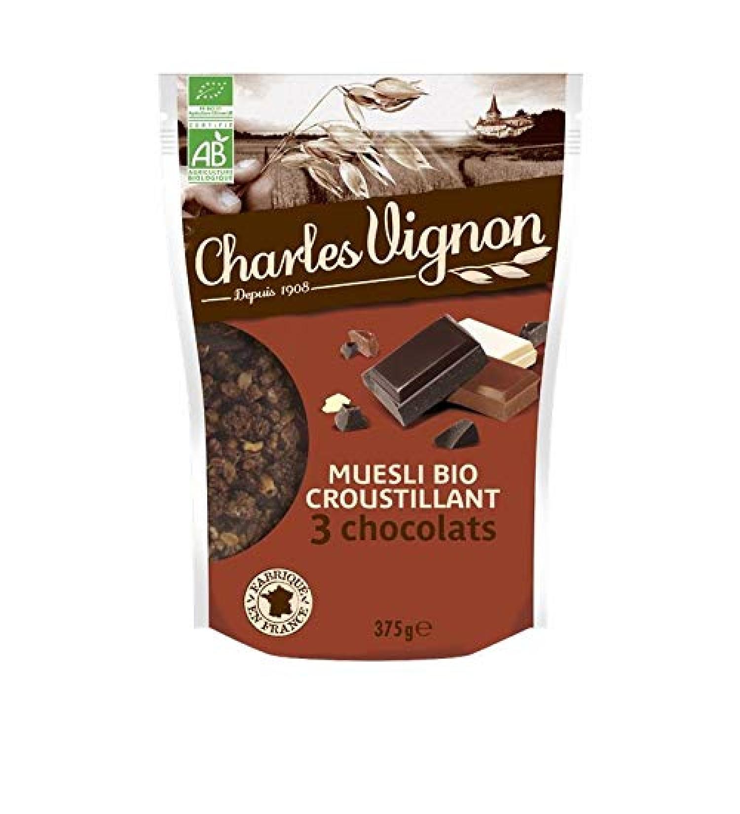 C r ales et muesli Charles Vignon Muesli Bio Croustillant : Trio de Chocolats Gourmands 375g - Petit D jeuner Sain et Croquant - Agriculture Biologique Fran aise - Lot De 3 - Vendu Par Lot