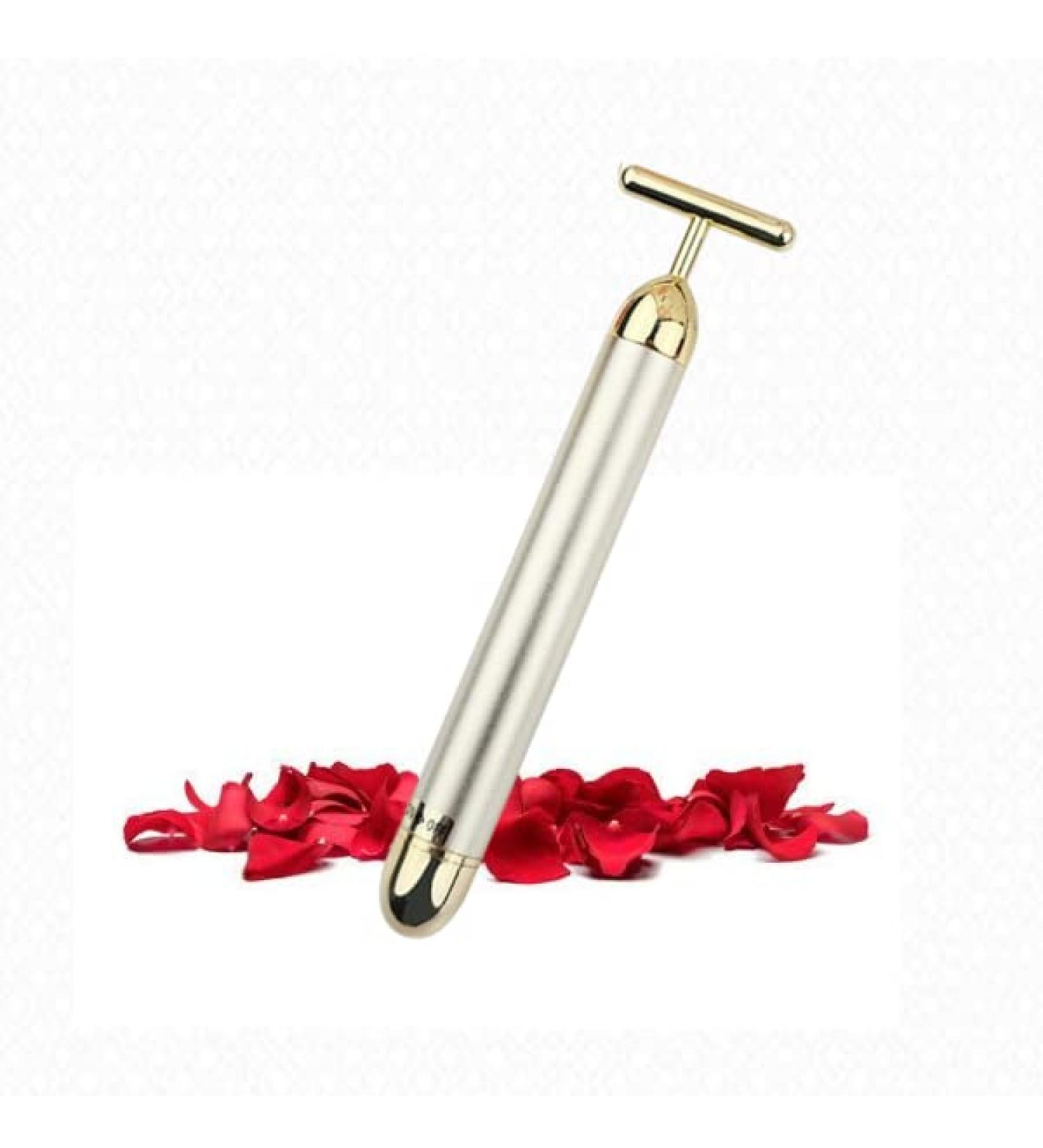 24K Gold Electric Facial Massage Roller - Anti Aging Vibrating Beauty Bar for Tightening & Firming - Silver Skin Care Tool - Buy Online on GoSupps.com
