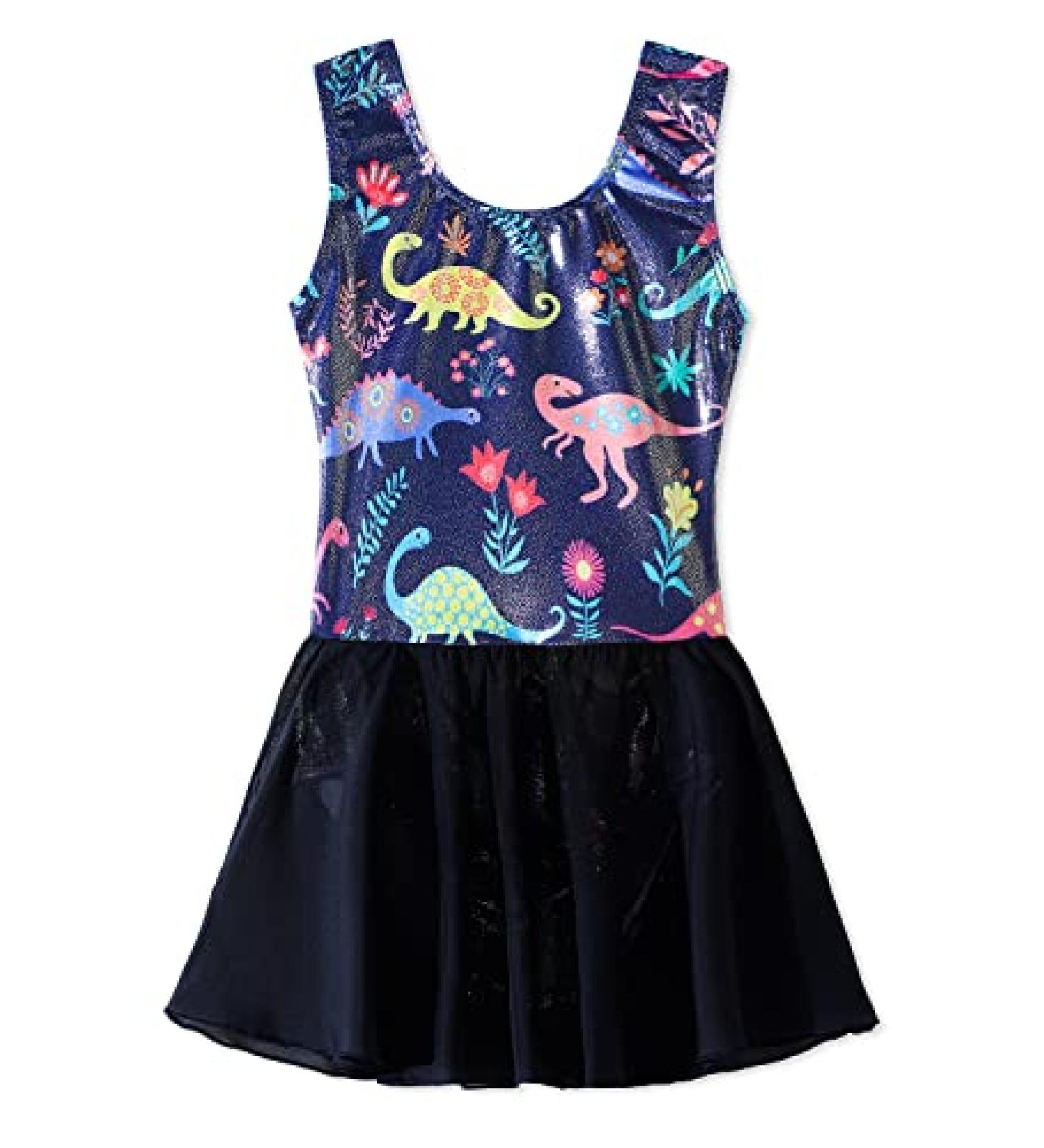Girls Long Sleeve Skirted Leotard for Gymnastics & Dance | Unicorn Mermaid Rainbow Skirt | Size 4-5T | Blue Dinosaur - Buy Online on GoSupps.com