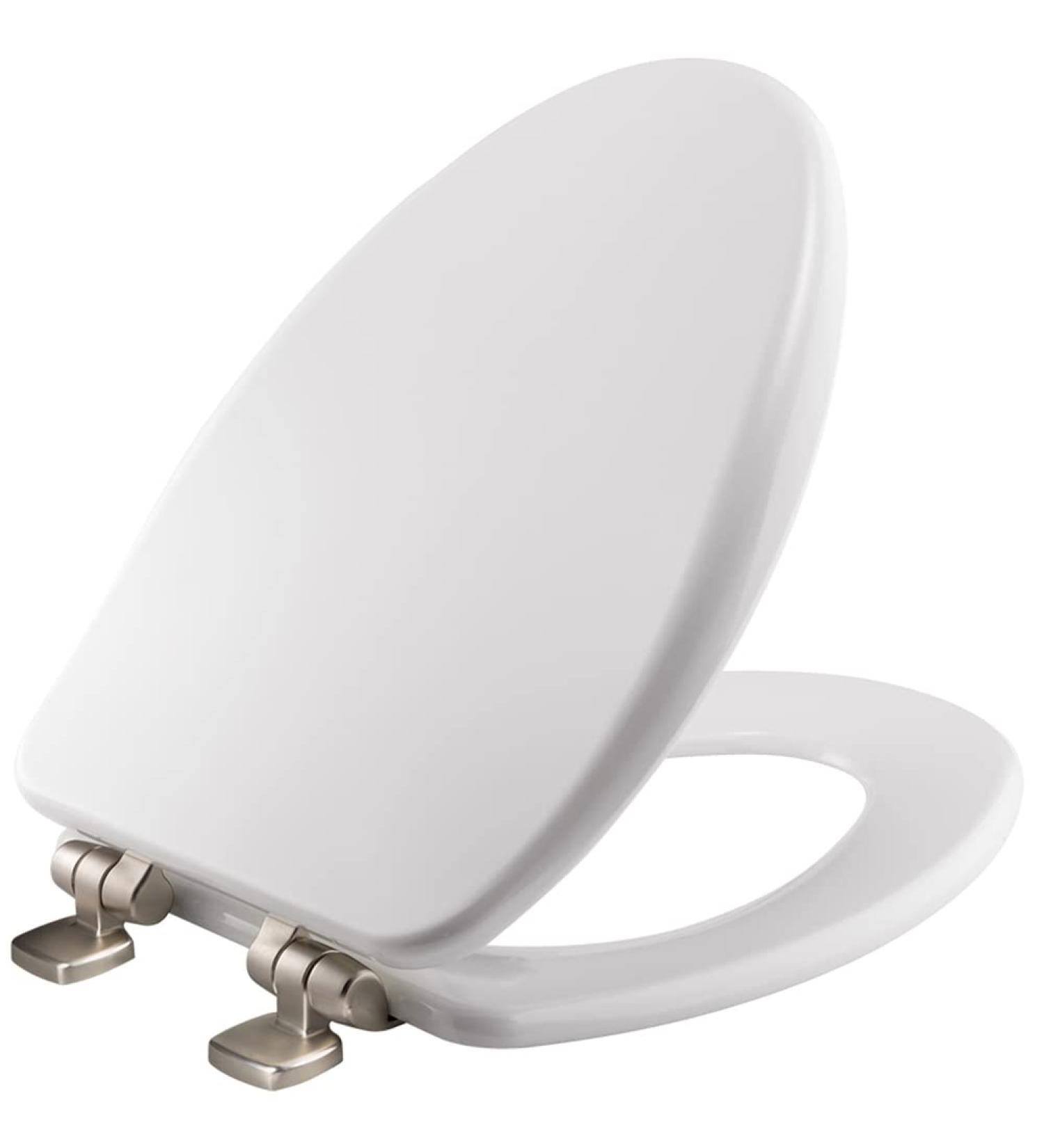 Bemis 19170NSLA 000 Alesio Toilet Seat with Brushed Nickel Hinges will Slow Close  Never Loosen and Provide the Perfect Fit  ELONGATED  High Density Enameled Wood  White 1 Pack Elongated Brushed Nickel Hinge White - Buy Online on GoSupps.com