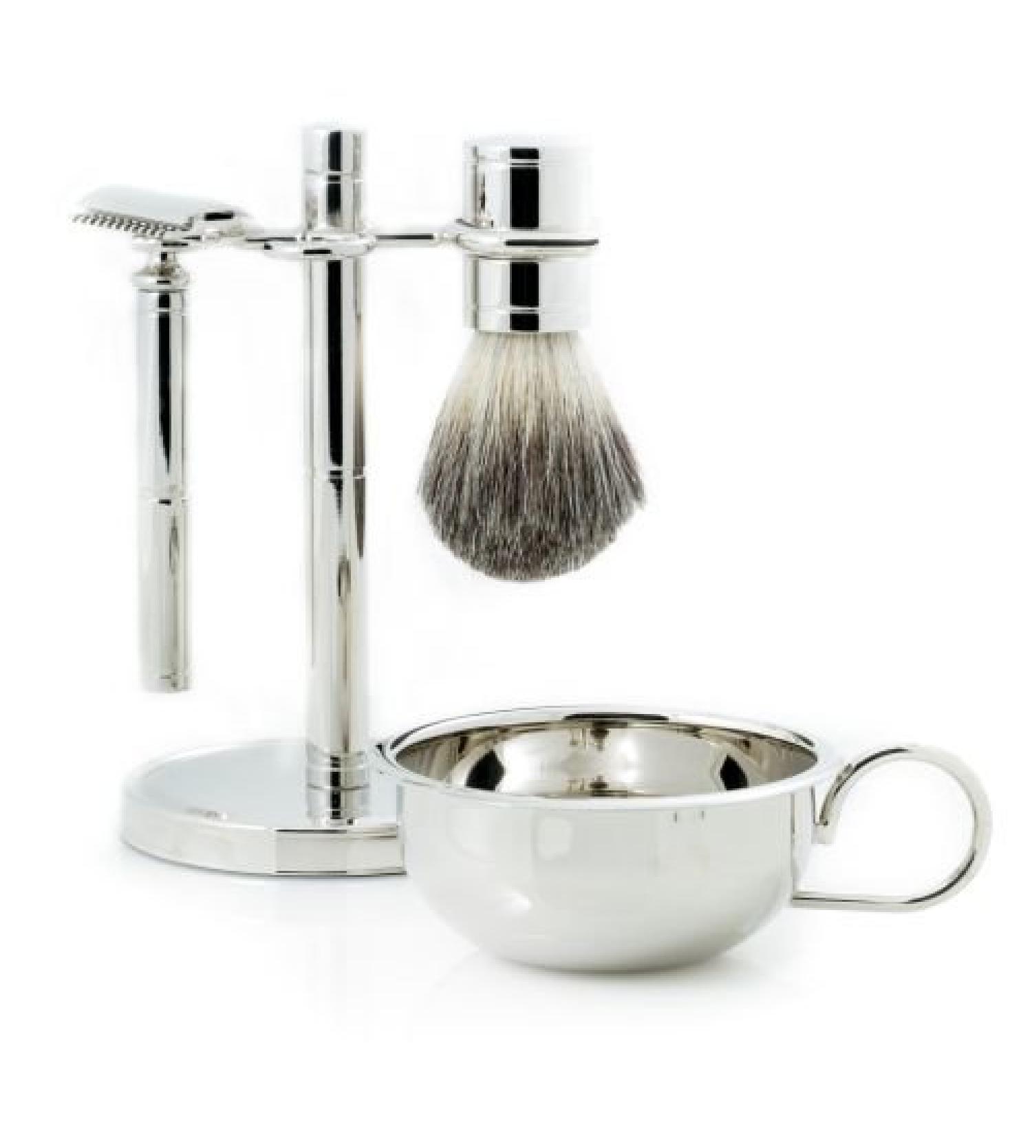 Bey Berk Razor & Brush with Dish on Chrome Stand