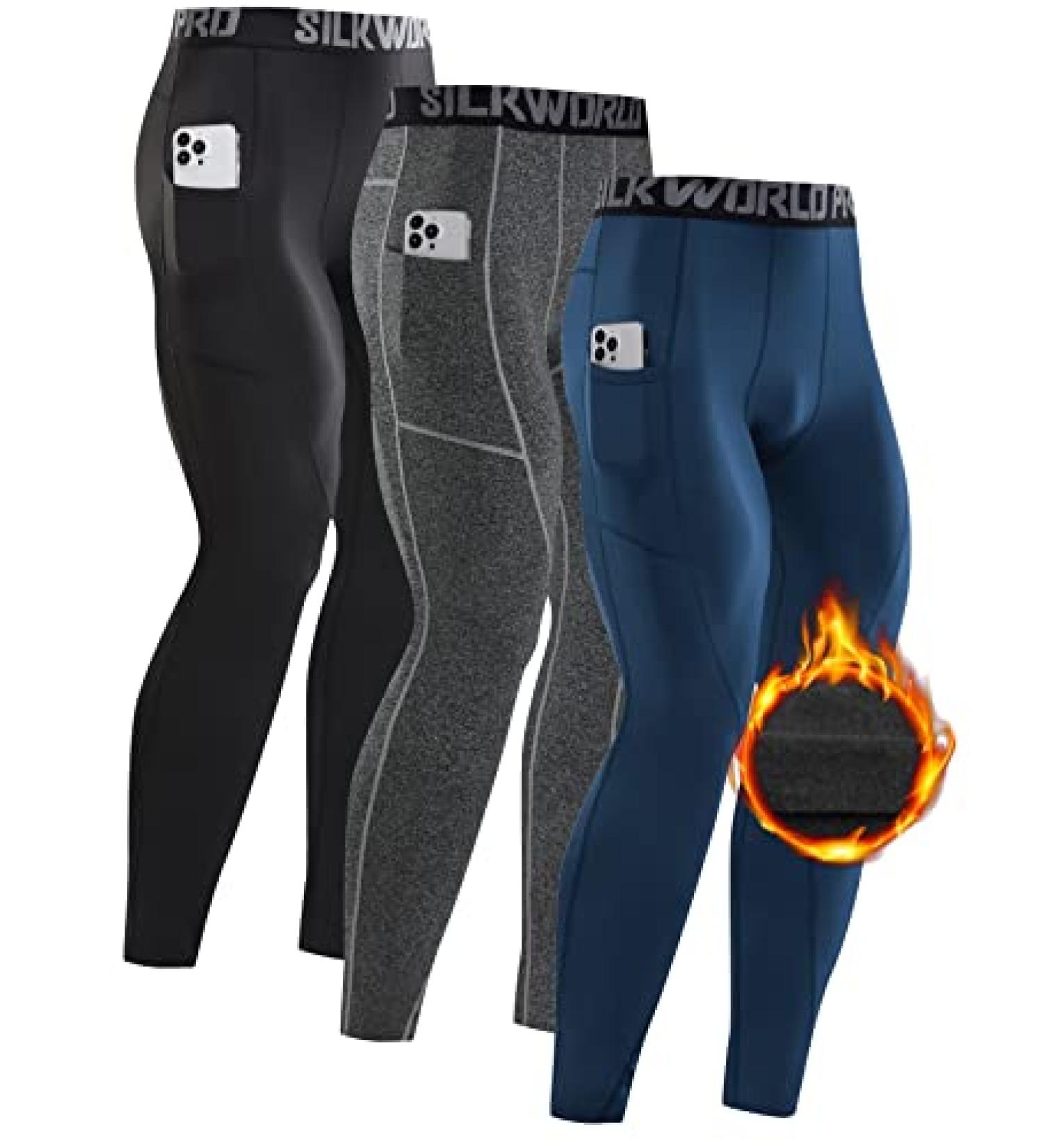 SILKWORLD Men's Compression Pants 3 Pack with Pockets - Cool Dry Gym Leggings Running Tights - C2 Fleece Lined - Black, Grey, Navy Blue - Medium - Buy Online on GoSupps.com