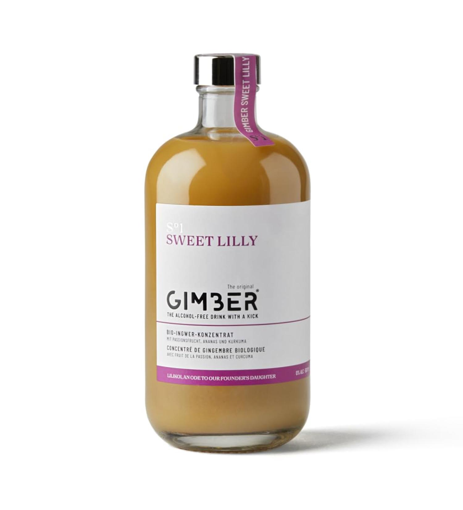 GIMBER Sweet Lilly Organic Ginger Concentrate 500 ml | Organic non-alcoholic drink made from a blend of ginger passion fruit pineapple and turmeric - Buy Online on GoSupps.com