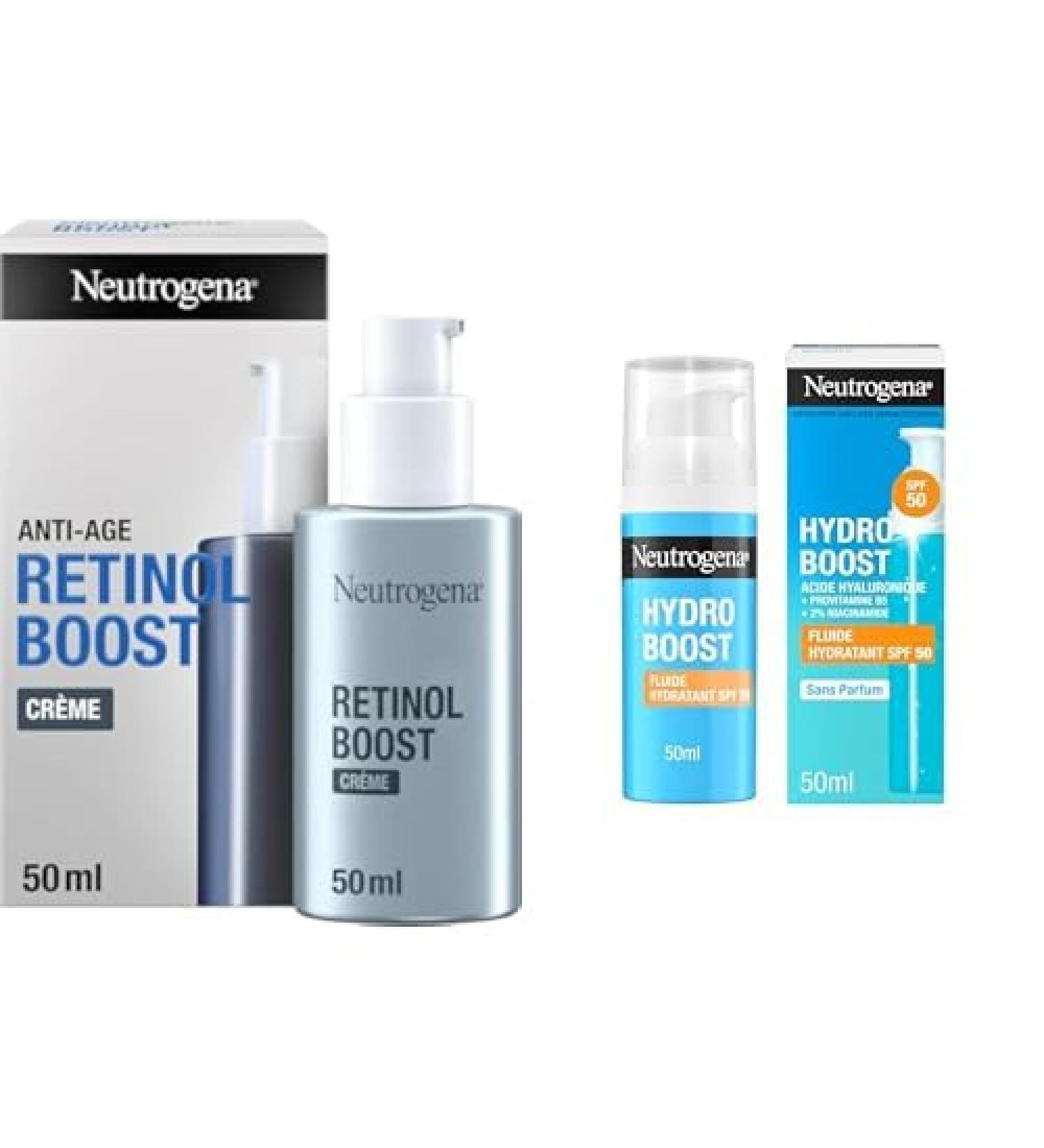Neutrogena Cr me Anti- ge Retinol Boost pour Combattre les Signes Visibles de l' ge enrichie en R tinol + Fluide Hydratant Hydro Boost Spf 50 L Acide Hyaluronique Provitamine B5 et Niacinamide
