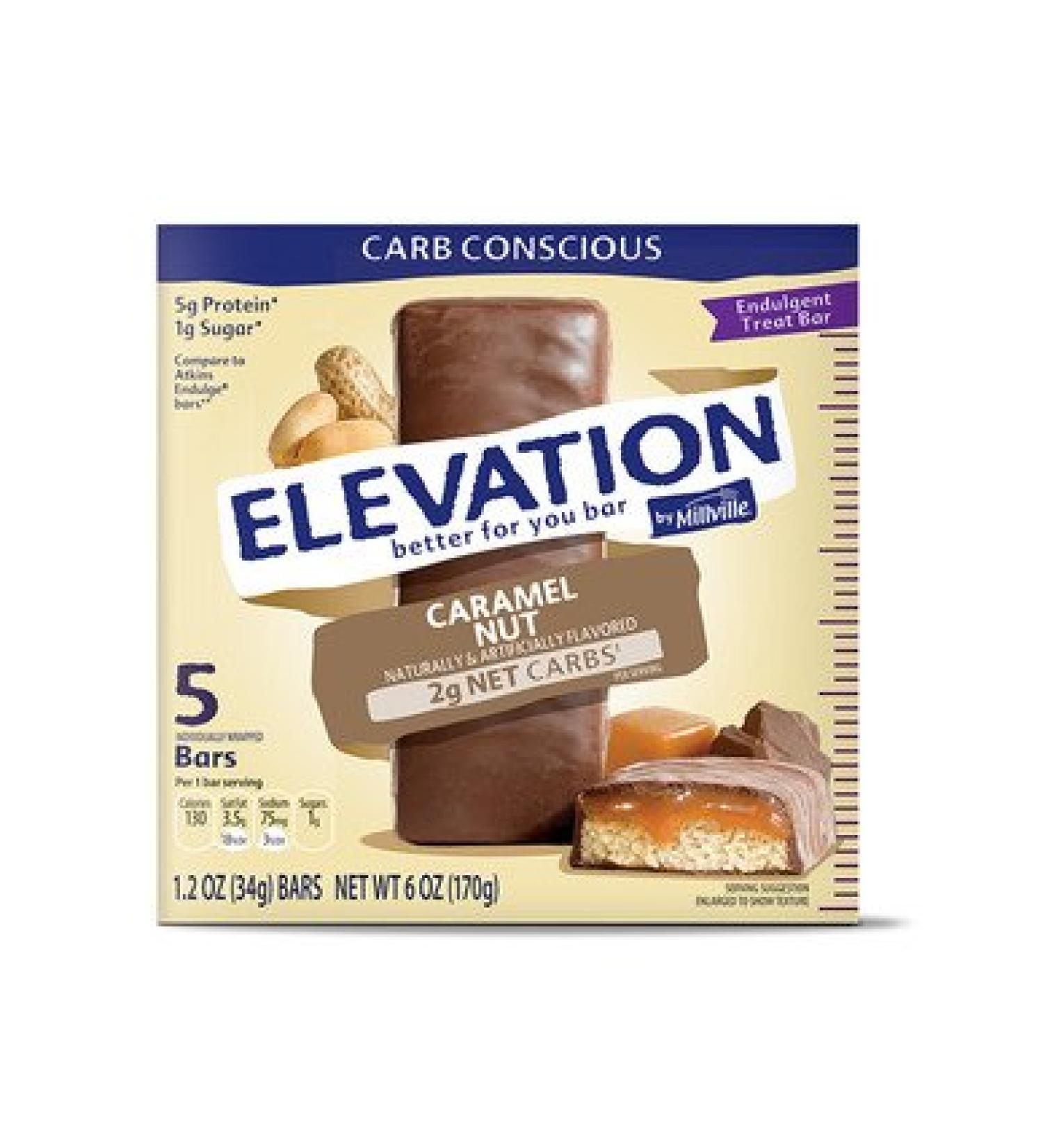 Elevation by Millville Caramel Nut Endulgent Bars 6oz(1.2oz x 5 Bars), Pack of 1