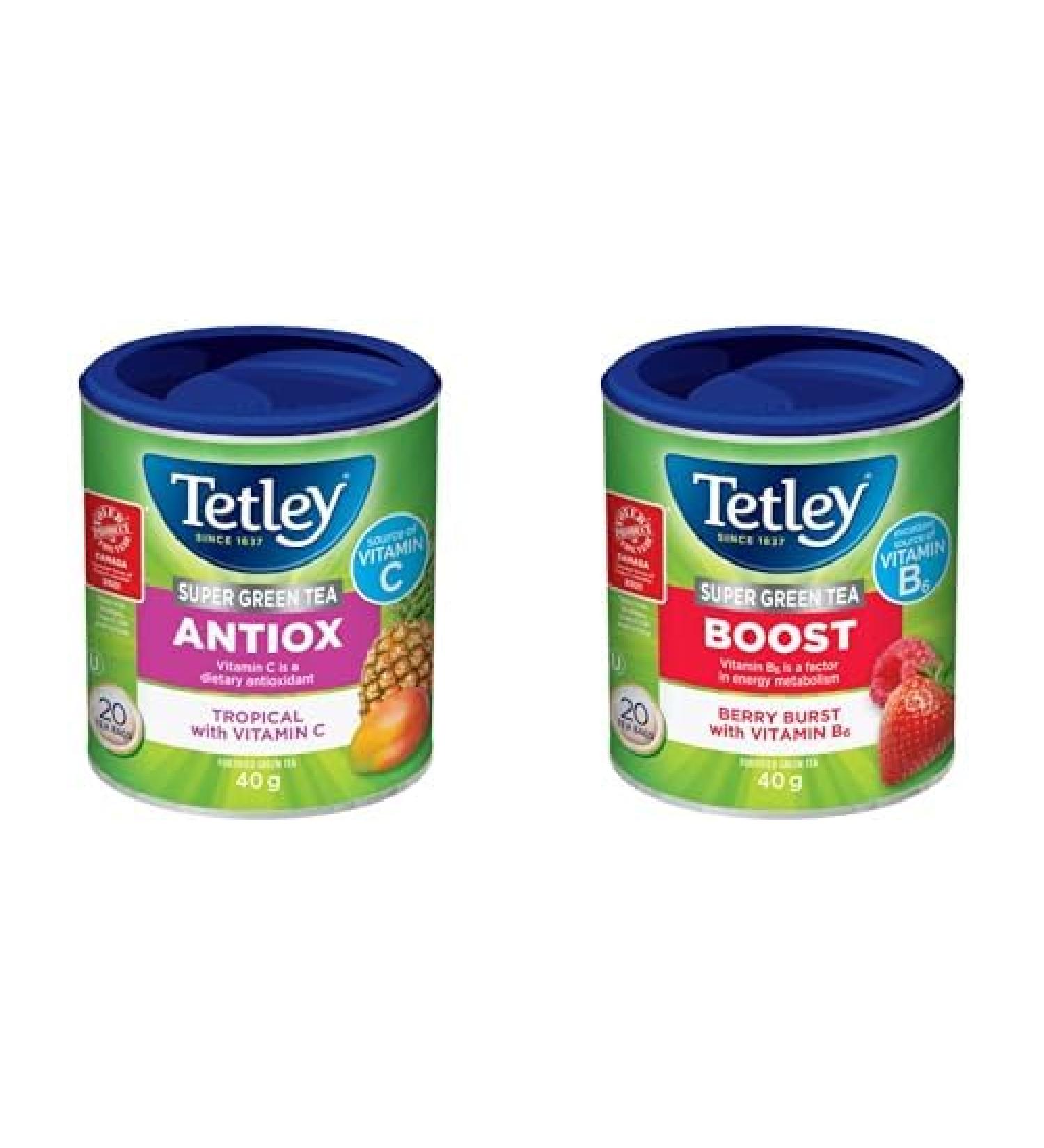 Tetley Super Green Tea Antiox: Tropical with Vitamin C & Tetley Super Green Tea Boost: Berry Burst with Vitamin B6-20 Tea Bags 40 Grams Contains Caffeine
