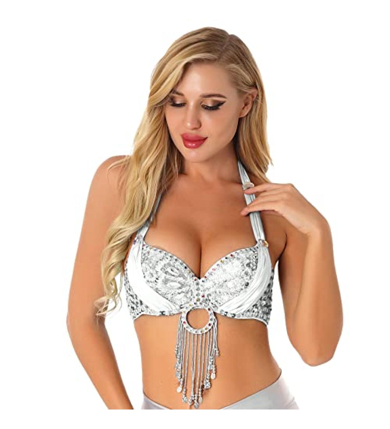 ACSUSS Women Belly Dance Costume Halter Bra Top with Rhinestone Tassel Sequins - White - Buy Online on GoSupps.com