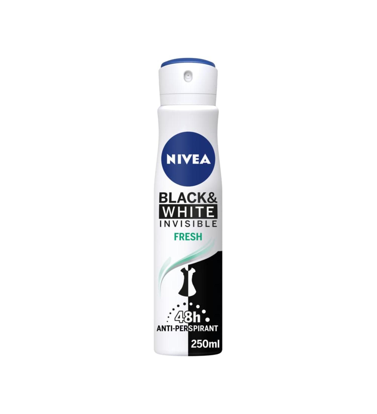 NIVEA Black & White Invisible Fresh Anti-Perspirant Deodorant Spray (250ml) 48hr Fresh Fragrance Deodorant for Women Alcohol Free Anti-Perspirant Spray for Women