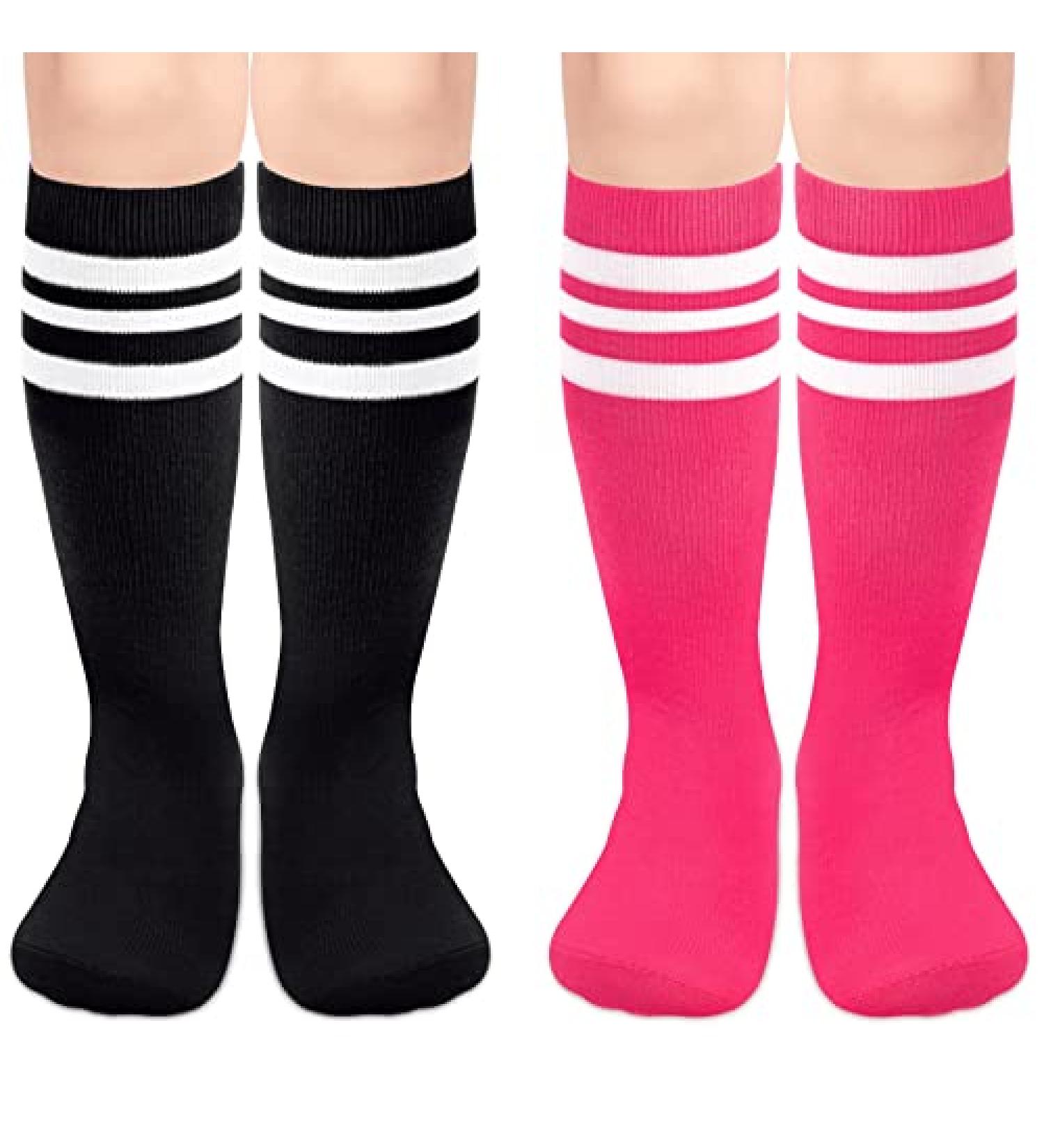 Kids Toddler Soccer Socks - 2 Pack Knee High Cotton Striped Tube Socks (3-6 Years) - Hot Pink/White, Black/White - Buy Online on GoSupps.com