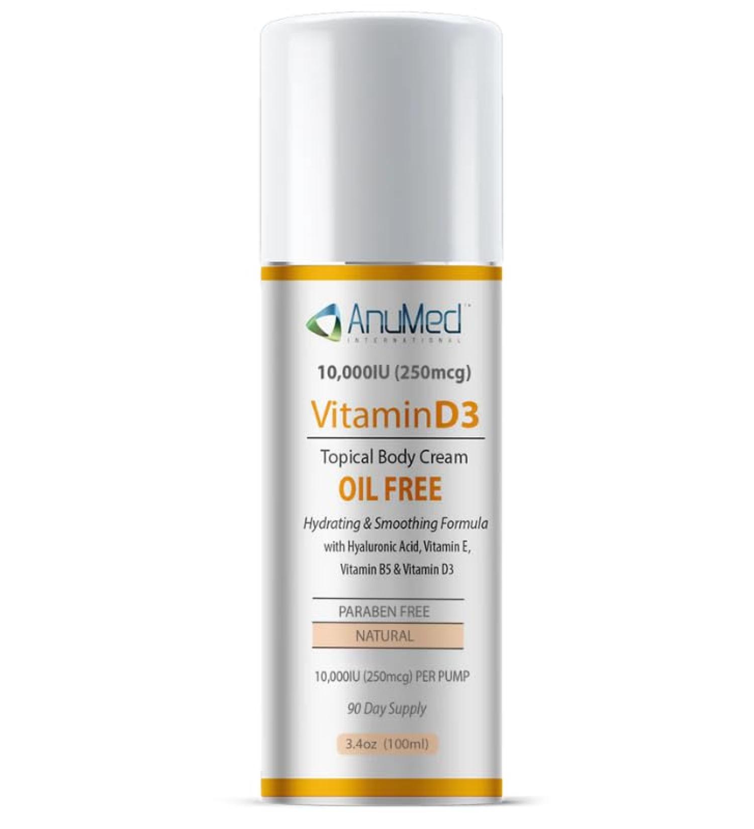 AnuMed Vitamin D3 10 000 IU Oil-Free Cream with Magnesium + Hyaluronic Acid Vitamin E. Moisturizing Cream for Dry Skin. Non-Greasy Non-GMO 100% Vegan Gluten-Free (3oz) - Buy Online on GoSupps.com