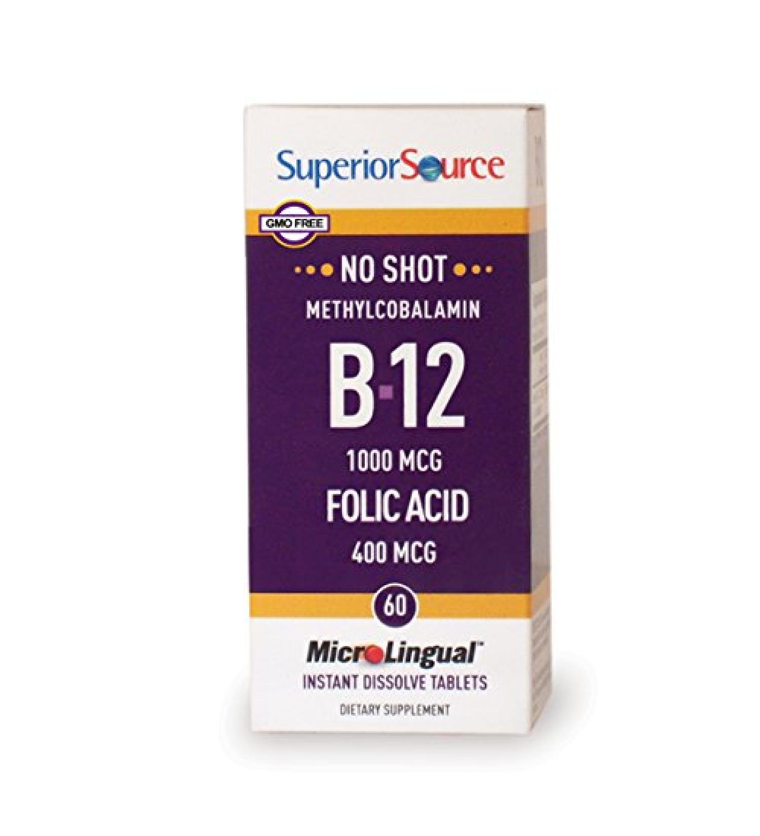 Superior Source No Shot Vitamin B12 Methylcobalamin (1000 mcg) with Folic Acid - 60 Quick Dissolve Sublingual Tablets | Energy Boost, Heart Health, Metabolism Support | Non-GMO - Buy Online on GoSupps.com